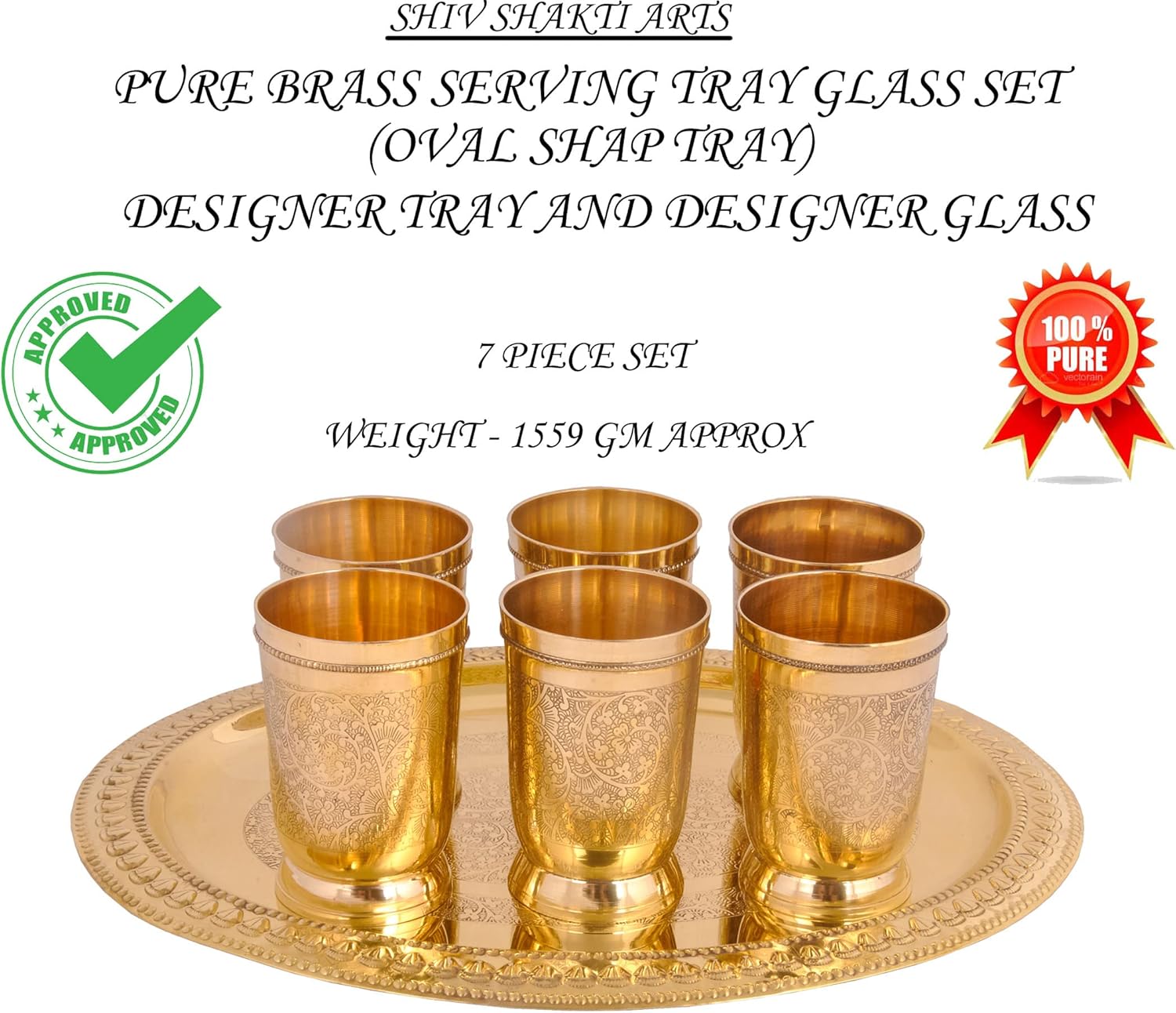 Shiv Shakti Arts® Pure Brass Serveware Set | Brass Tray with Glass | 7 Pieces Brass Dinner Set | Gifting Diwali Special