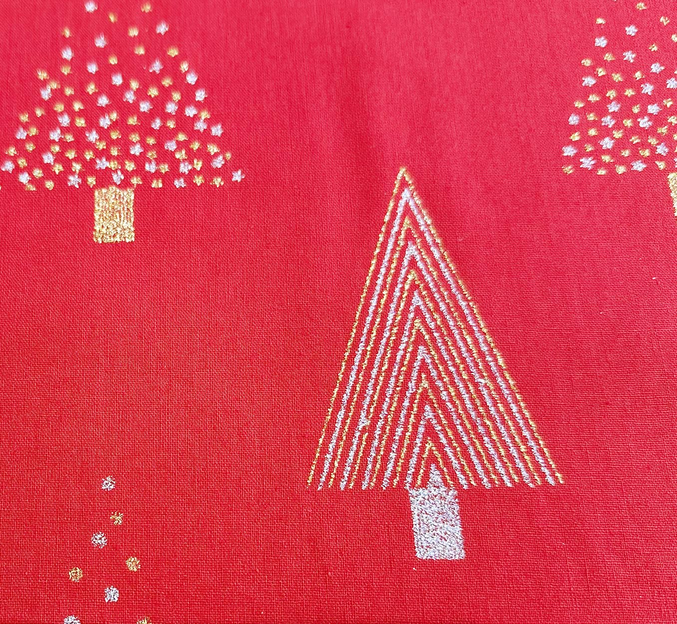 Oddies Red Christmas Fabric - Gold & Silver Glitter Trees On - Xmas Craft Fabric Material Metre