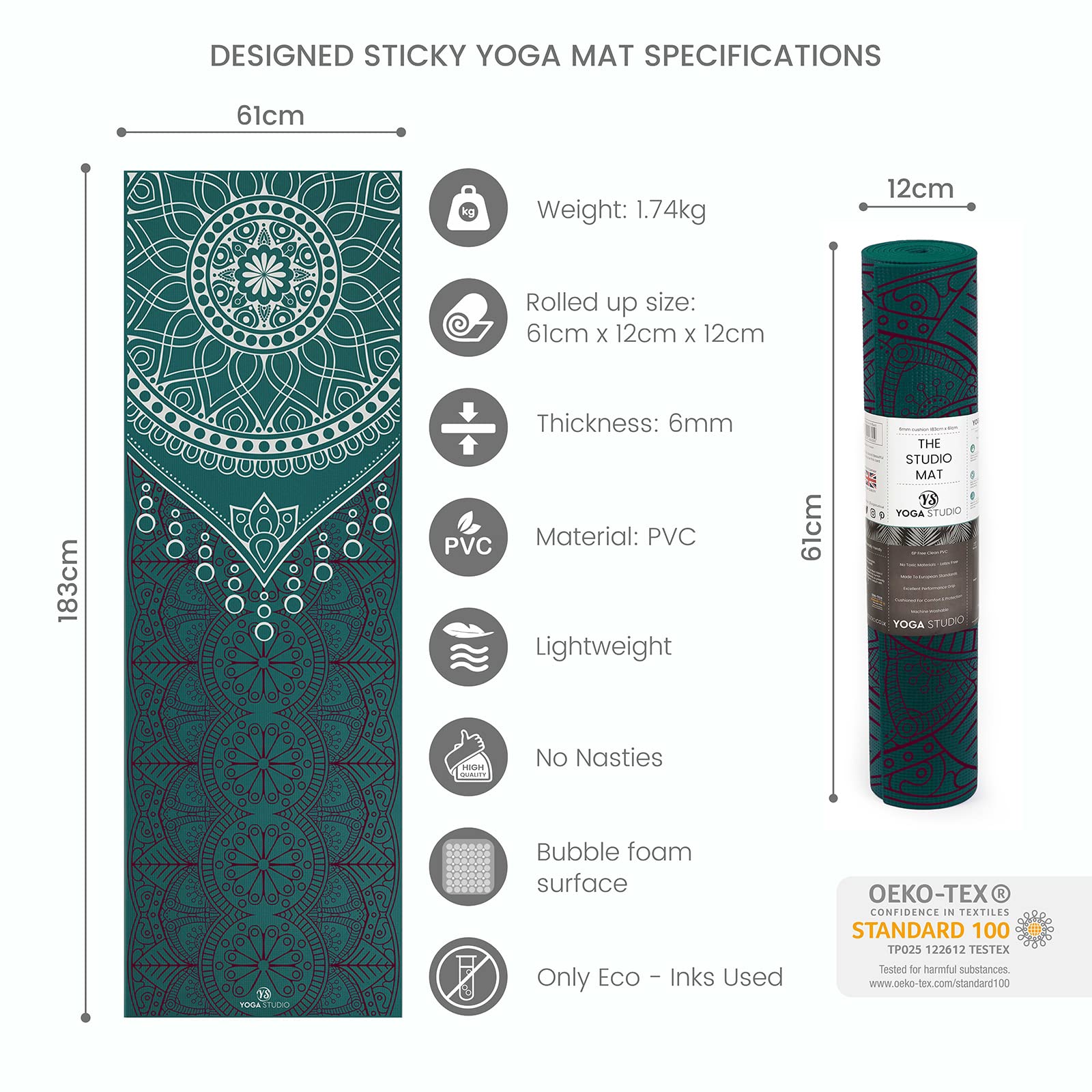 Yoga Studio Esterilla de yoga diseñada – 183 cm x 61 cm, tapete de yoga antideslizante de 6 mm, tapete de PVC a prueba de desgarros (verde azulado gota de rocío Mandala)