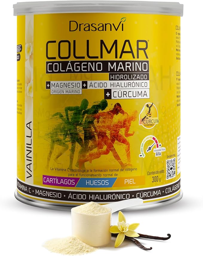 Drasanvi COLLMAR Colágeno Marino Hidrolizado con Cúrcuma, Magnesio, Vitamina C y Ácido Hialurónico para Salud Articular y Muscular | 300g Polvo Sabor Vainilla