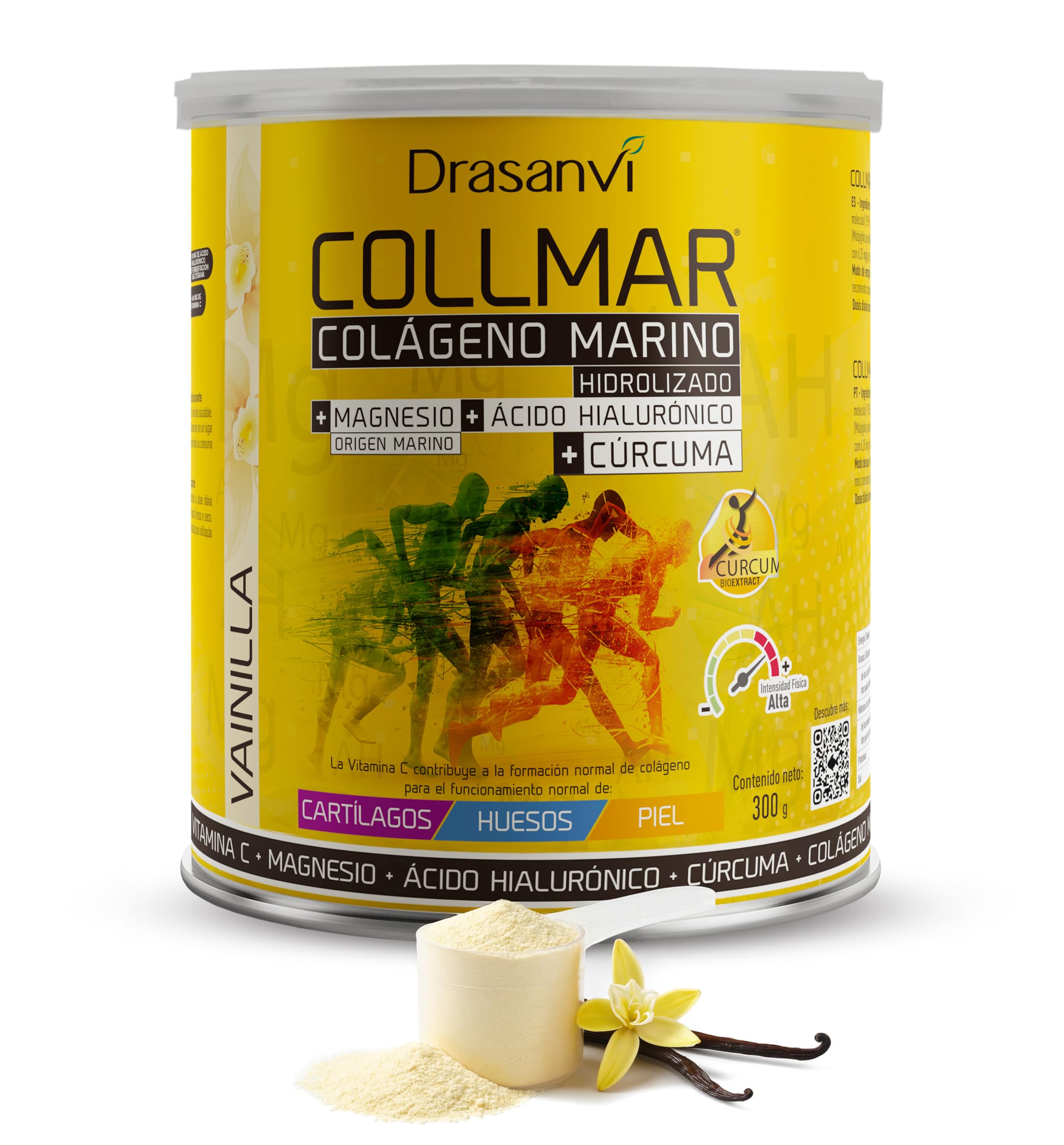 Drasanvi COLLMAR Colágeno Marino Hidrolizado + Cúrcuma con Magnesio, Vitamina C, Ácido Hialurónico para bienestar articular y muscular |Máx. asimilación 9.355 mg/día | 300g de polvo | Sabor Vainilla