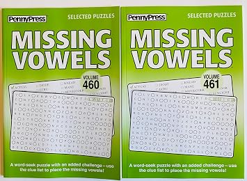 Volume Numbers 460 and 461 of Penny Press Missing Vowels Word Search Seek Circle Find Books. Selected Puzzles