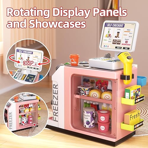 Miniatura 4 de Juego de 48 piezas de juguetes de caja registradora para niños con función de salida de agua, calculadora, bolsa de compras, escáneres, máquina de