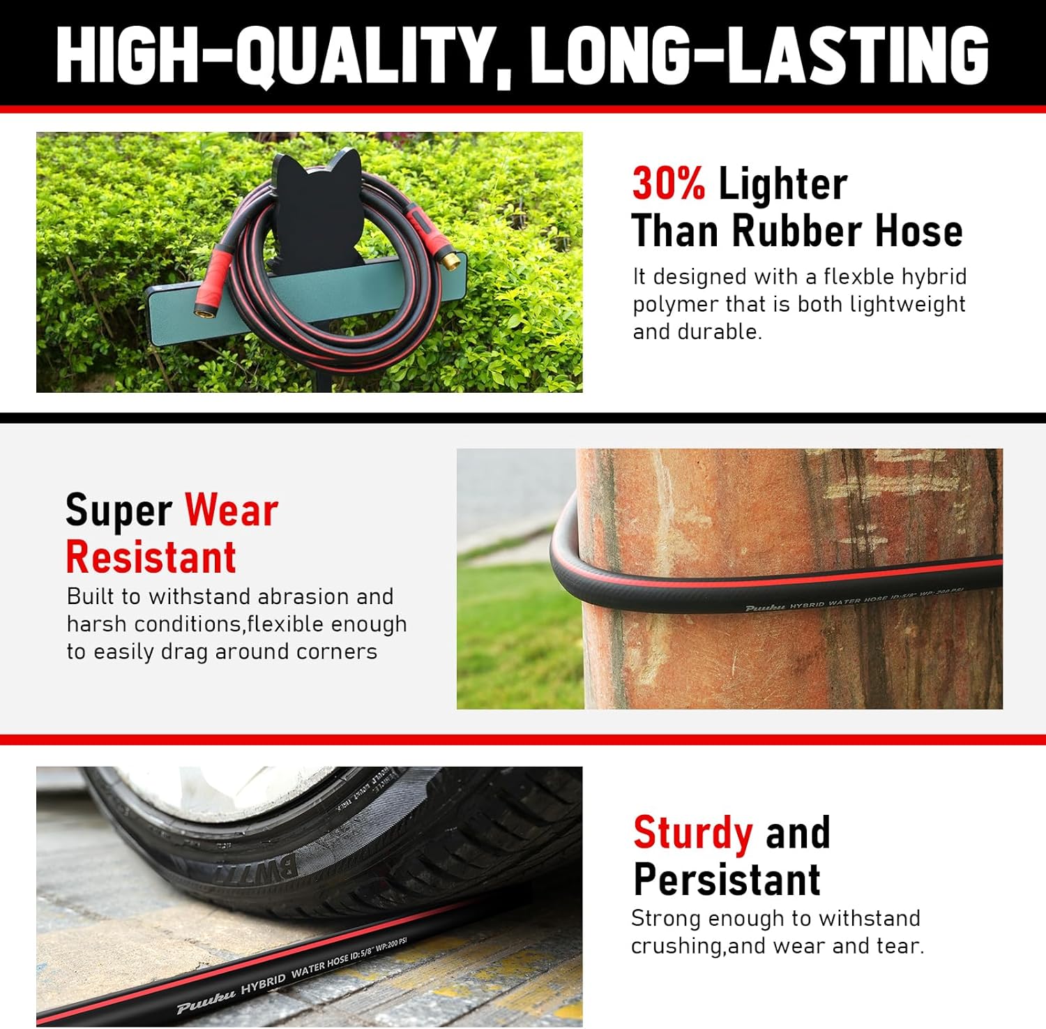 Garden Hose 100ft x 5/8", NON-EXPANDABLE Heavy Duty Premium Flexible Water Hose, No Kink, Leakproof, Lightweight Hybrid Hose with Male to Female Fittings for Household&Backyard