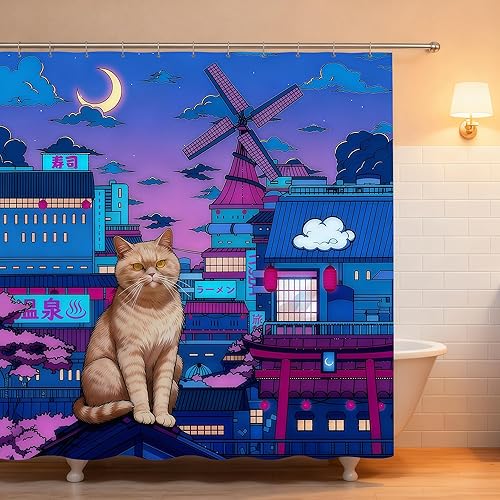 Miniatura 8 de Cortina de ducha de gato japonés neón de ciudad, impermeable, decoración Cyberpunk de poliéster para niños y adultos, se adapta a bañera, ducha y