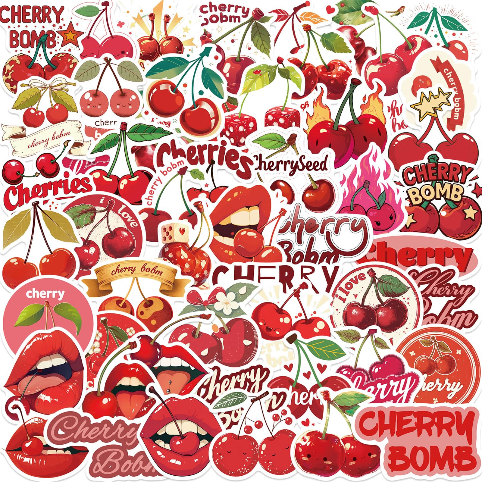 CZSWMDCherry Stickers for Kids,50PCS Cherry Bomb Stickers,Cute Fruit Stickers,Red Aesthetic Vinyl Waterproof Stickers for Water Bottle,Laptop,Cellphone,Skateboard,Guitar,Bicycle,Luggage