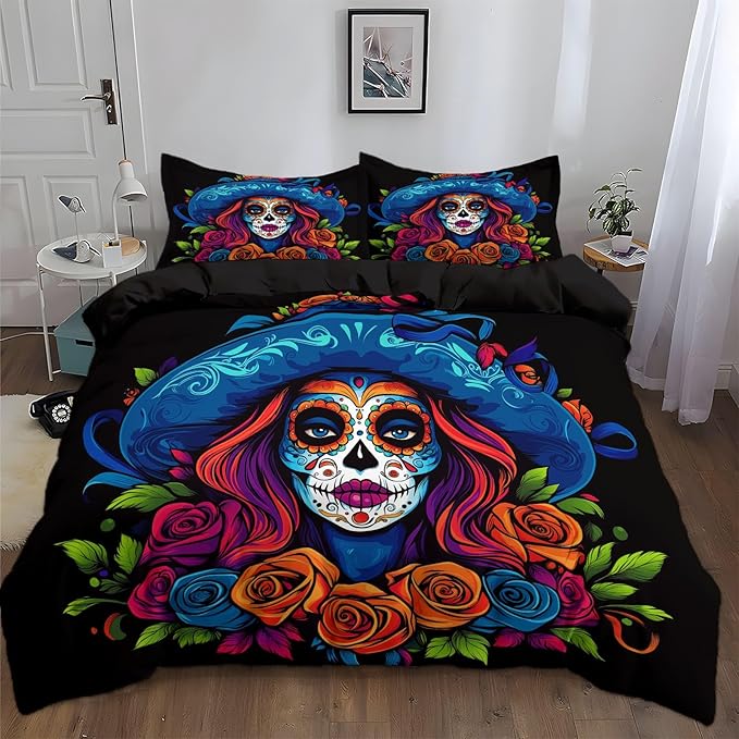Mexican Sugar Skull Woman Duvet Cover California King Size 3-Piece Reversible Bedding, Black Quilt Cover with Zipper Closure and 4 Ties, Kids Adults Bedroom Bedding Set for All Seasons