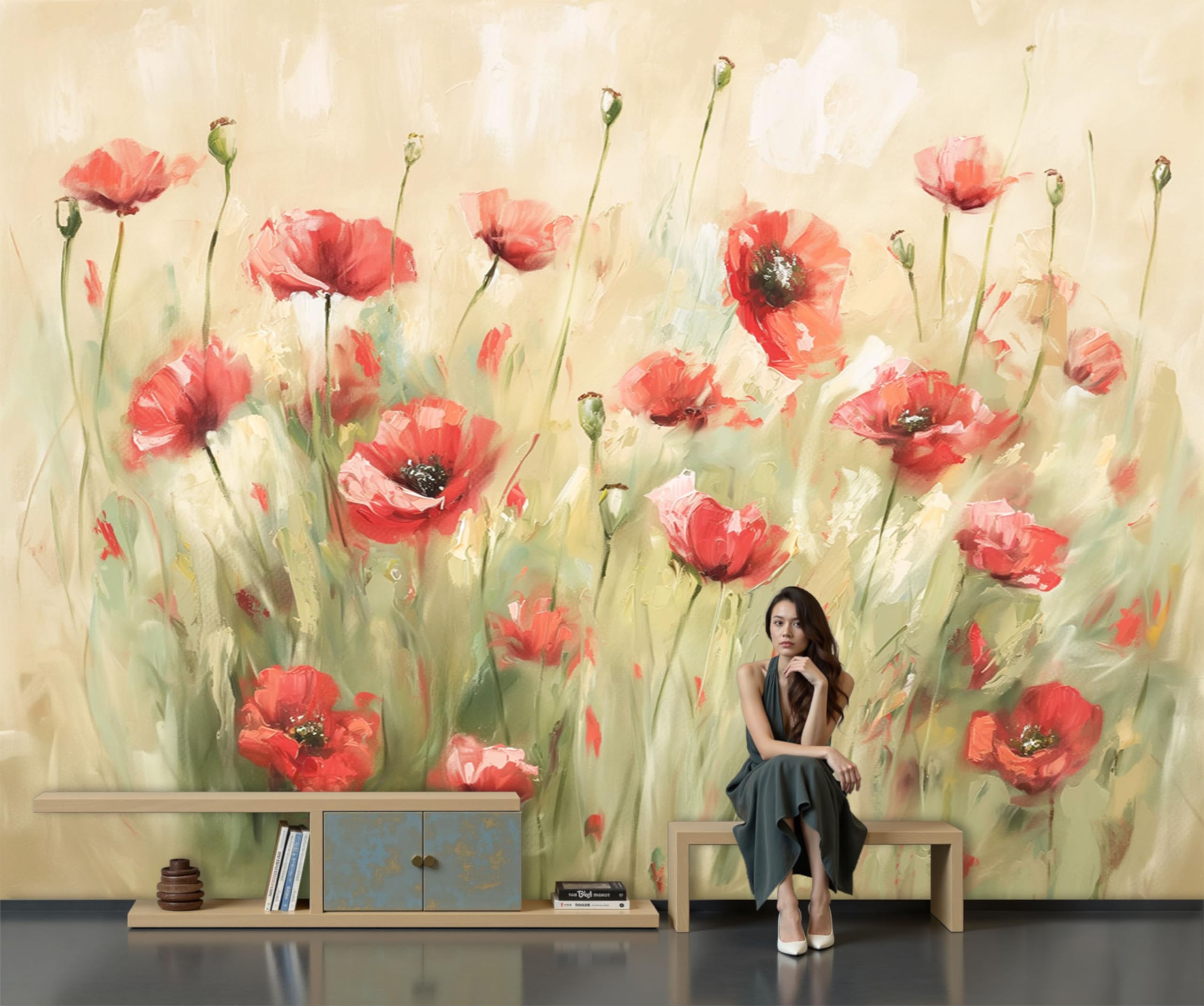 Papier peint panoramique 3D champ de coquelicots en soie 450x315cm