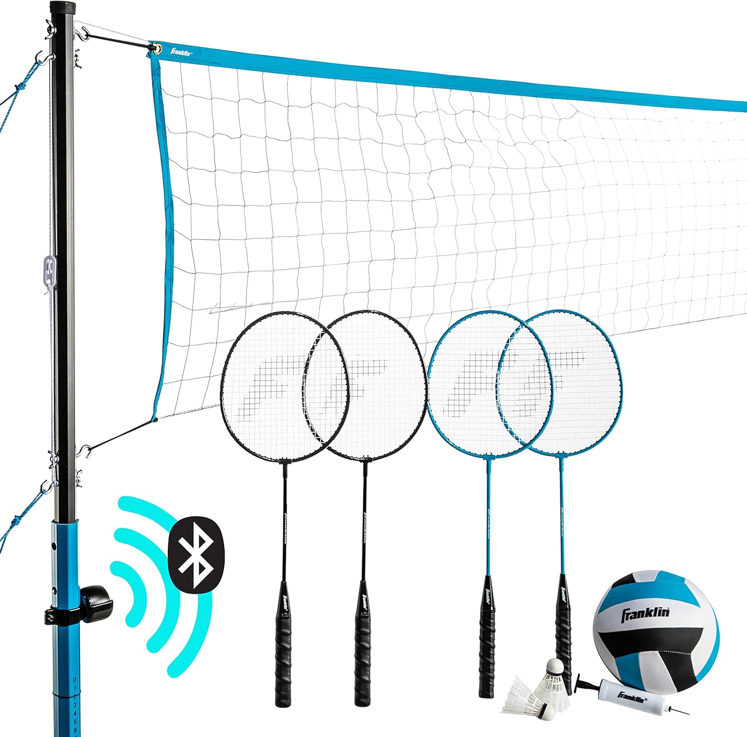 Franklin Sports Beach + Backyard Volleyball Set + Badminton Set with Speaker - Bluetooth Net + Pole Set – with Pump, Bluetooth Speakers + Carry Bag Included