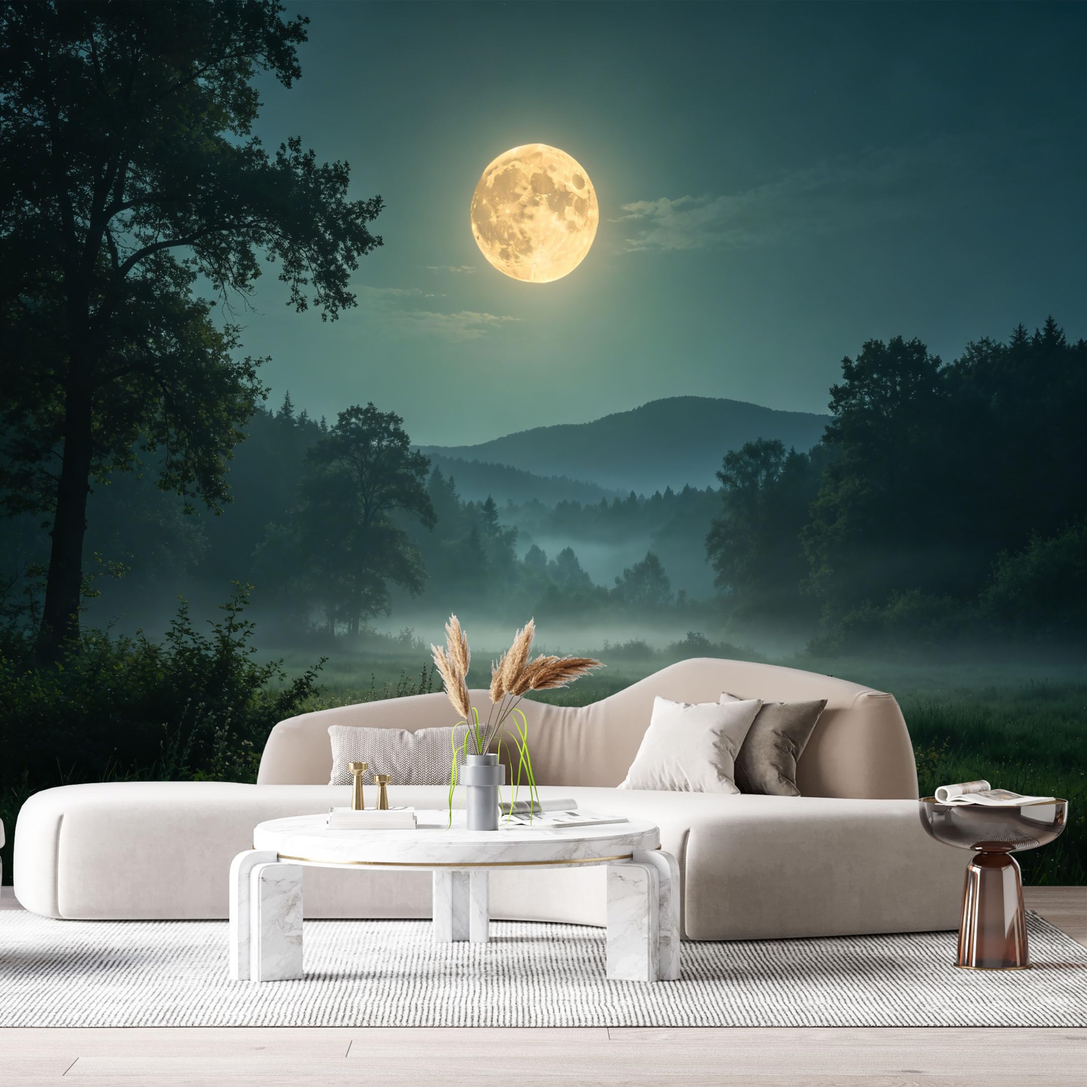 Custom Size Wall Murals Moonlit Forest Landscape Night Sky Mist Valley SelfAdhesive Wall Fabric Removable Large Wallpaper for Photo Living Room