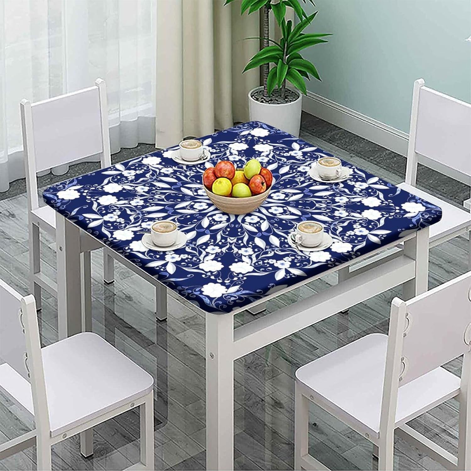 Elastic Edge Fitted Tablecloths, Flower Pattern Printed on Stain Resistant Polyester Table Cover, for Living Room Terrace Party Washable, Fit for 60" x 60"Square Table
