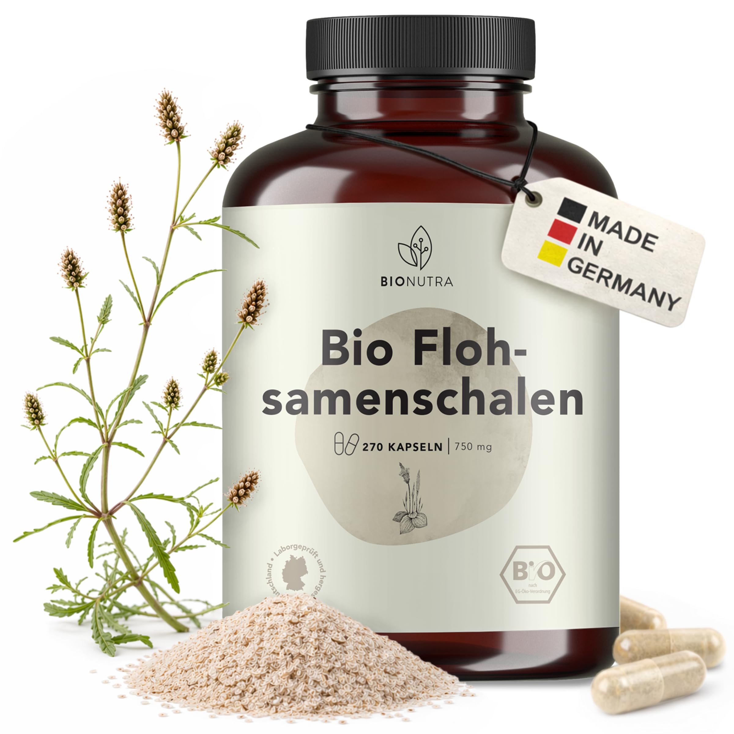 BIONUTRA® Gélules de psyllium bio hautement dosées 2250 mg/jour, 1800 mg fibres, contrôlées résidus, fabrication allemande, véganes, sans additifs, 270 pièces x 750 mg