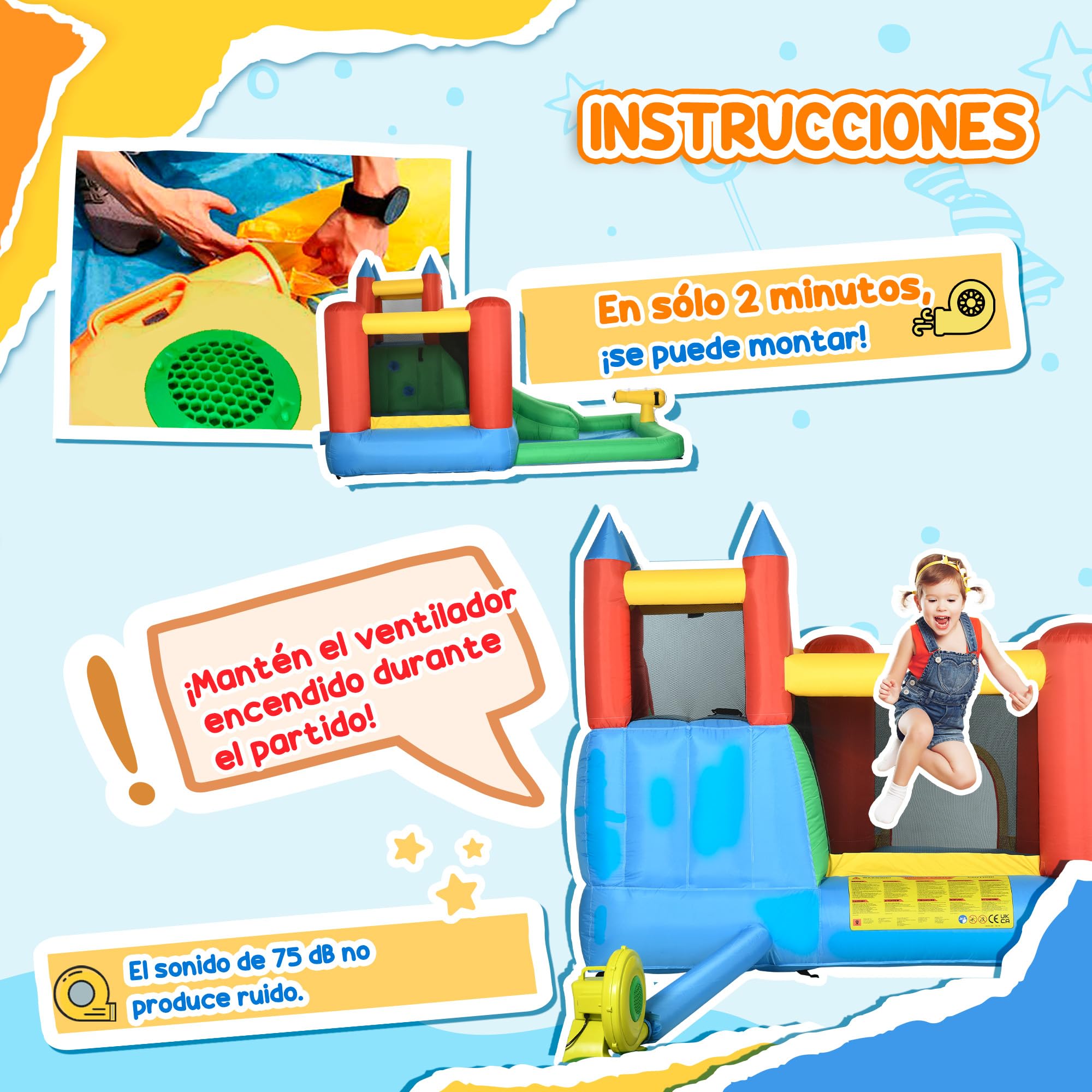 Outsunny Castillo Hinchable para Niños +3 Años 6 en 1 Castillo Inflable con Inflador Parque Acuático con Tobogán Zona de Salto Piscina y Bolsa de Transporte 330x245x215 cm Multicolor
