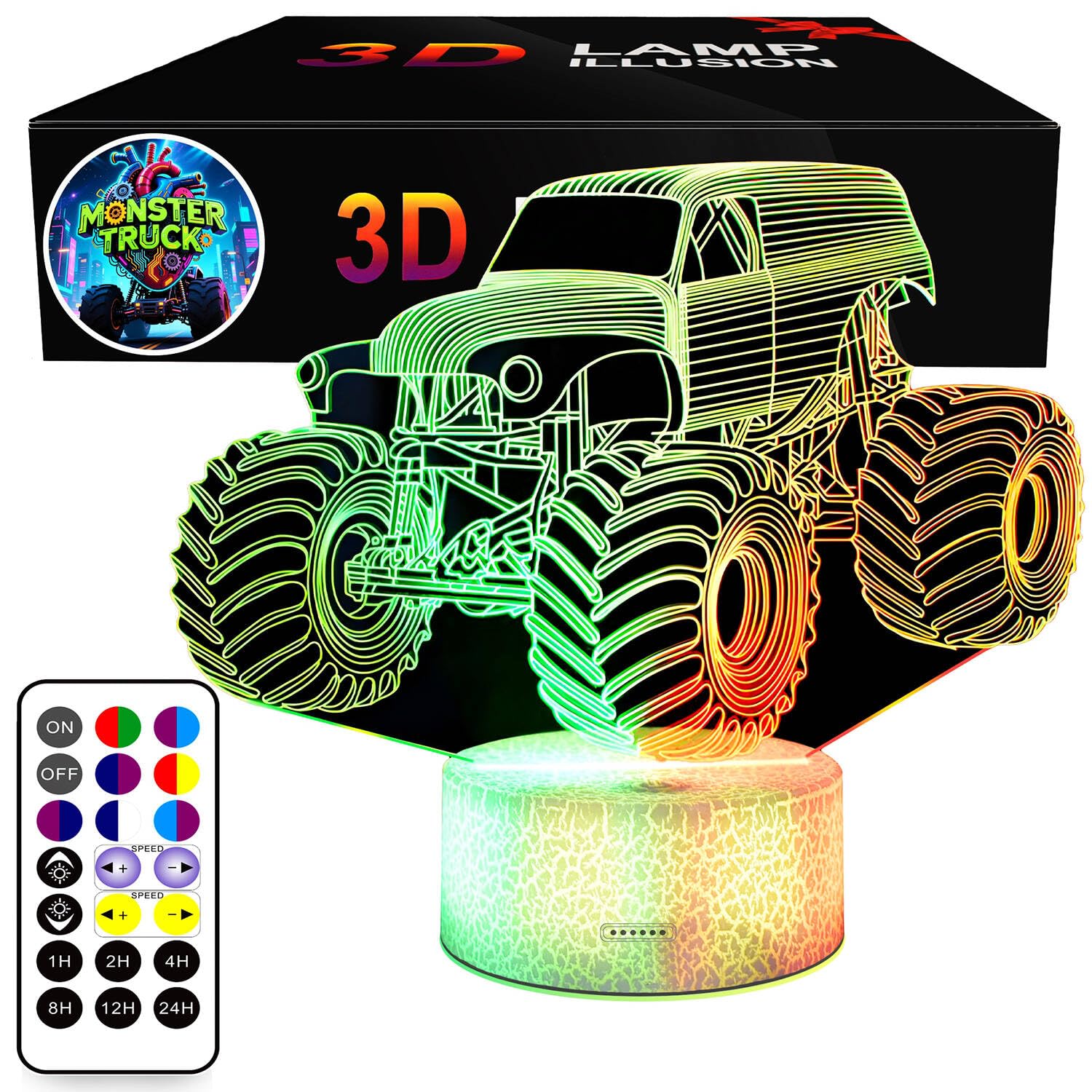 Luces nocturnas 3D para niños, camión monstruo, lámpara de noche para niños, lámpara de ilusión 3D para niños, con temporizador de 16 colores cambiantes, decoración de iluminación LED para habitación