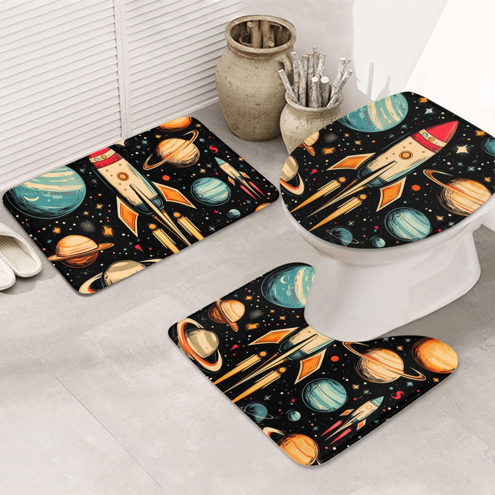 Alfombras de baño de cohete y estrellas juego de 3 piezas de microfibra suave antideslizante
