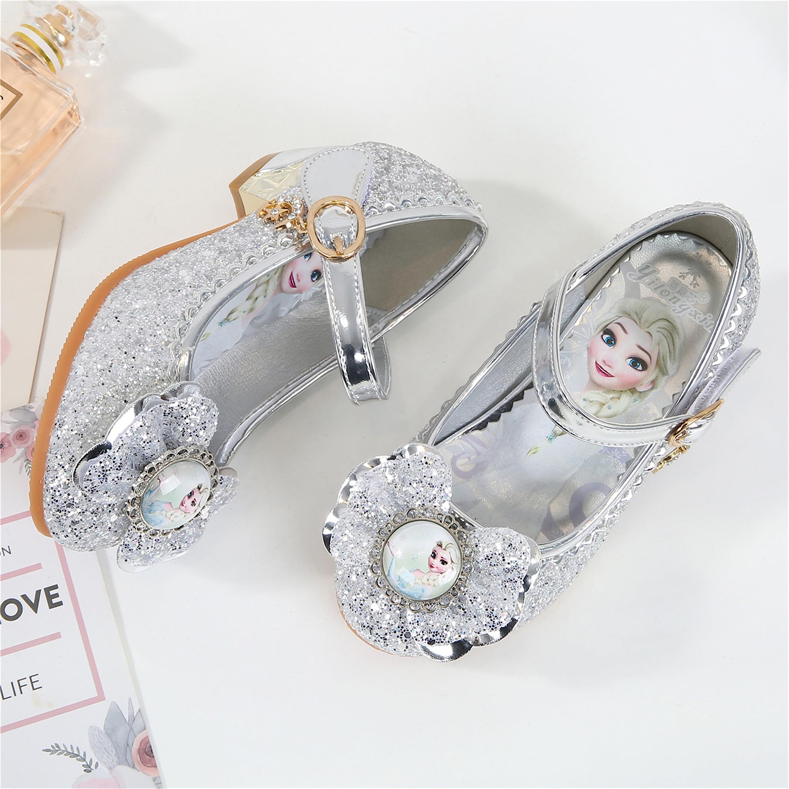 FStory&Winyee Bambino Congelato Principessa per Bambina Elsa Frozen Paillettes Scarpe Costume Ballerine Ballo Adatte per Feste Cerimonia Nozze Natale Cerimonia Carnevale Halloween,Argento,24