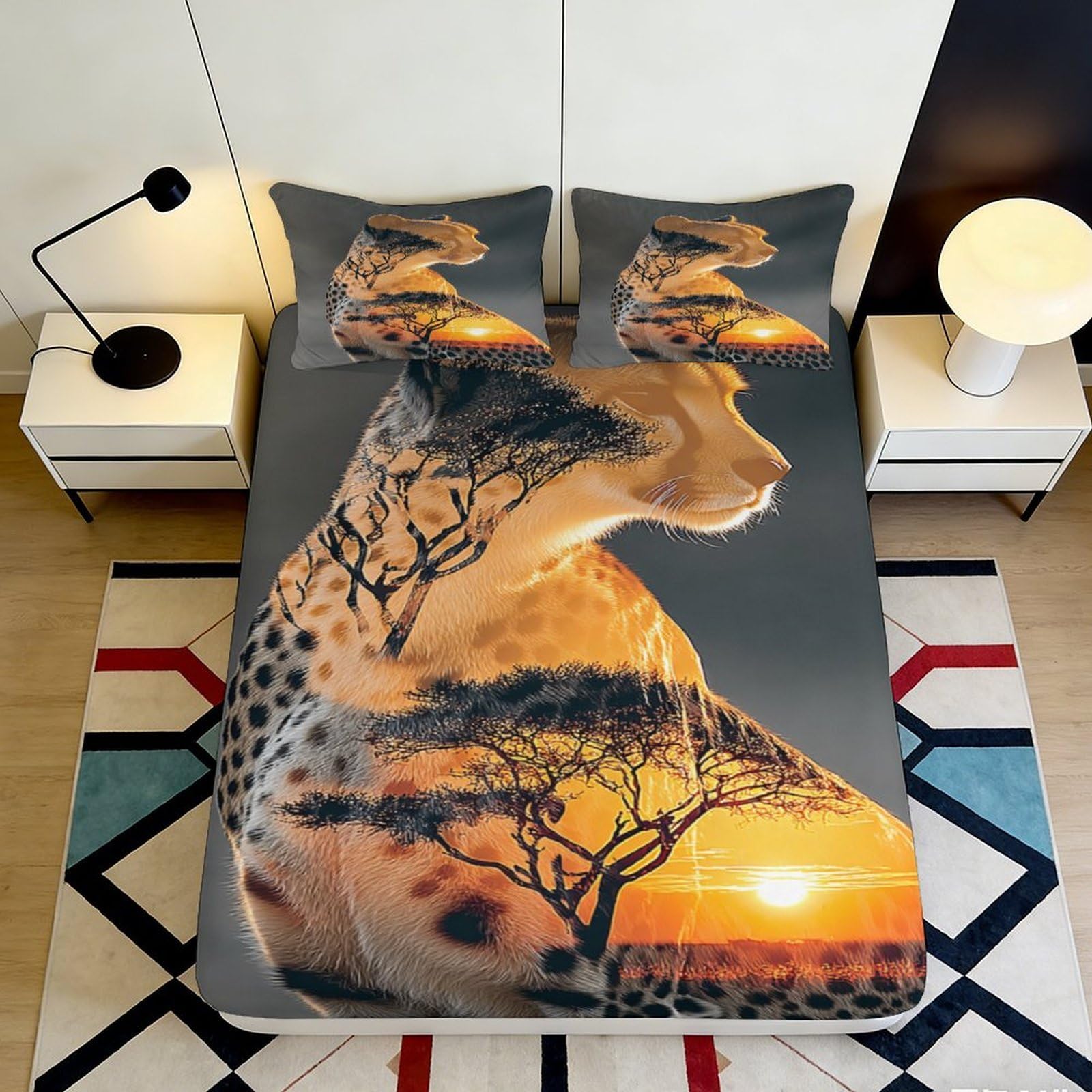 3D Printed Sunset Savannah Cheetah Fitted Sheet Microfiber Non-slip Mattress Cover Easy Care Bedroom Decor 180x200x25cm