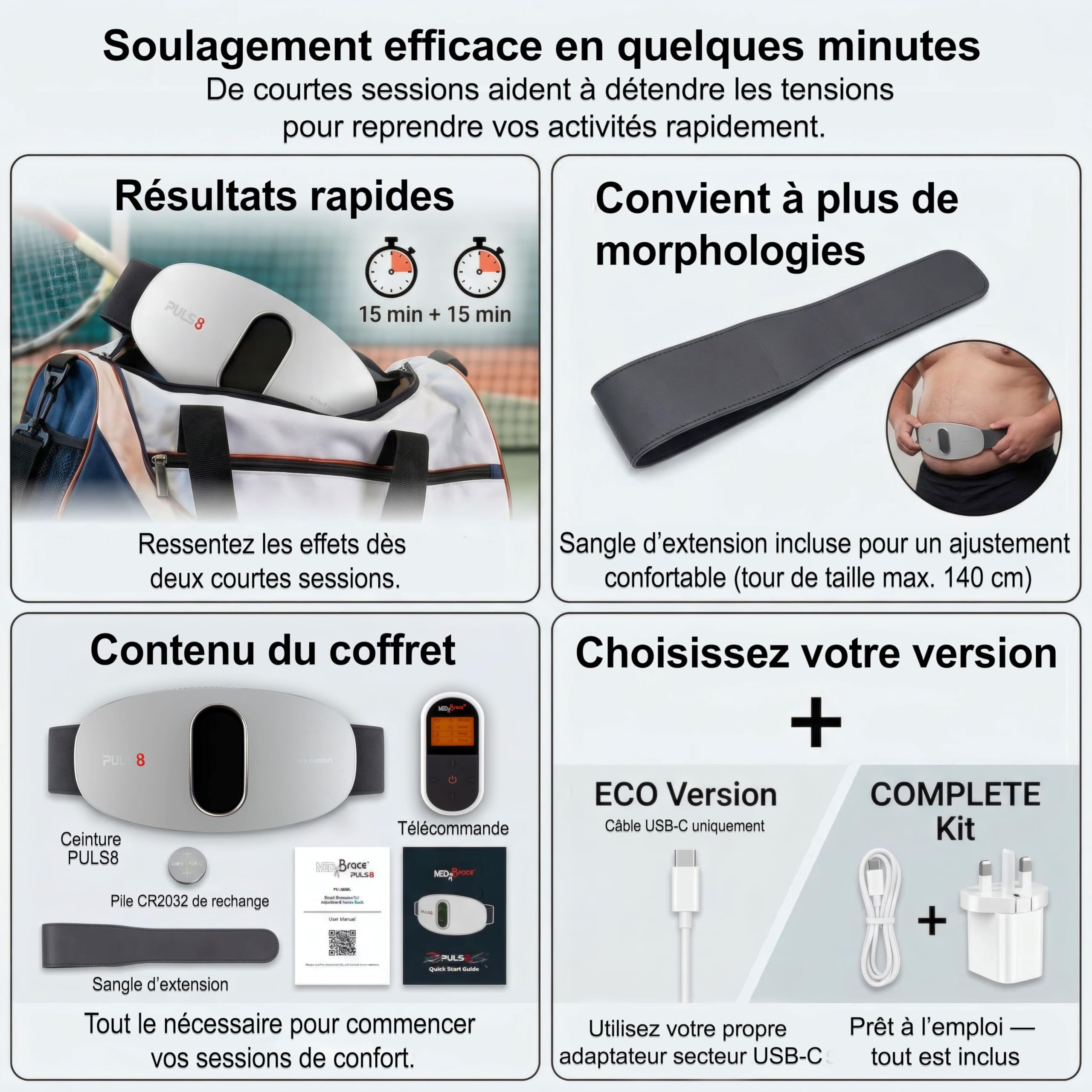 MEDiBrace PULS8 Ceinture chauffante de massage par impulsions pour le bas du dos et l’abdomen, rechargeable USB-C, sans fil, lumière rouge (LED) (PULS8 Complete (inclut l’adaptateur secteur USB))