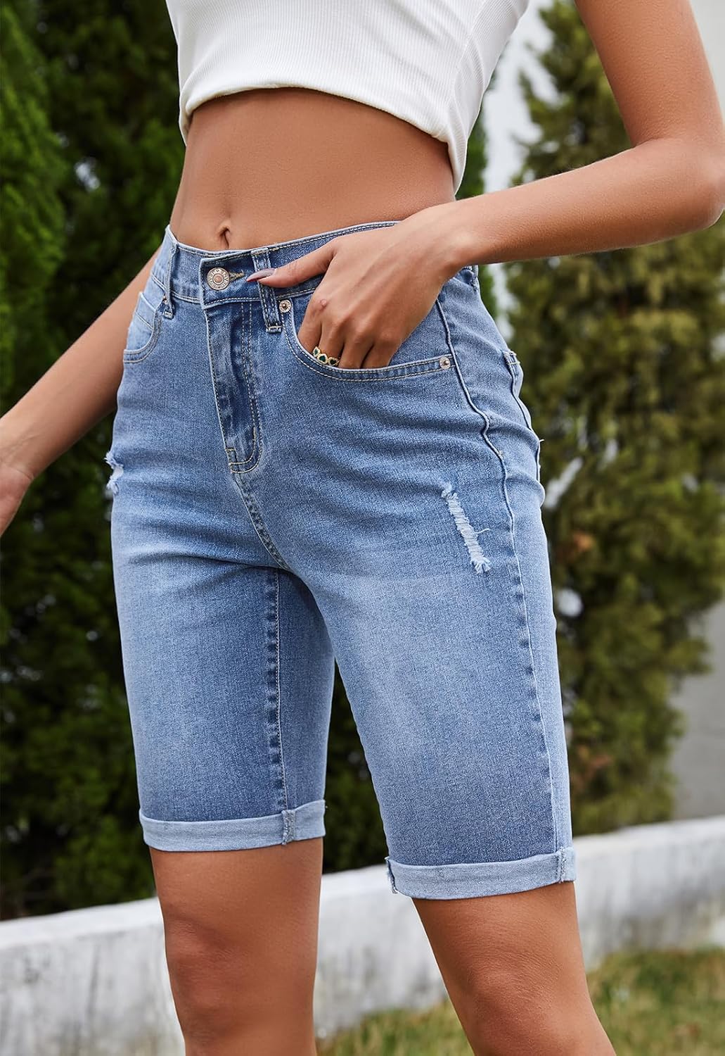 Metietila Women's High Waisted Bermuda Denim Shorts Folded Hem Elastic Waist Stretchy Jean Shorts - Image 4