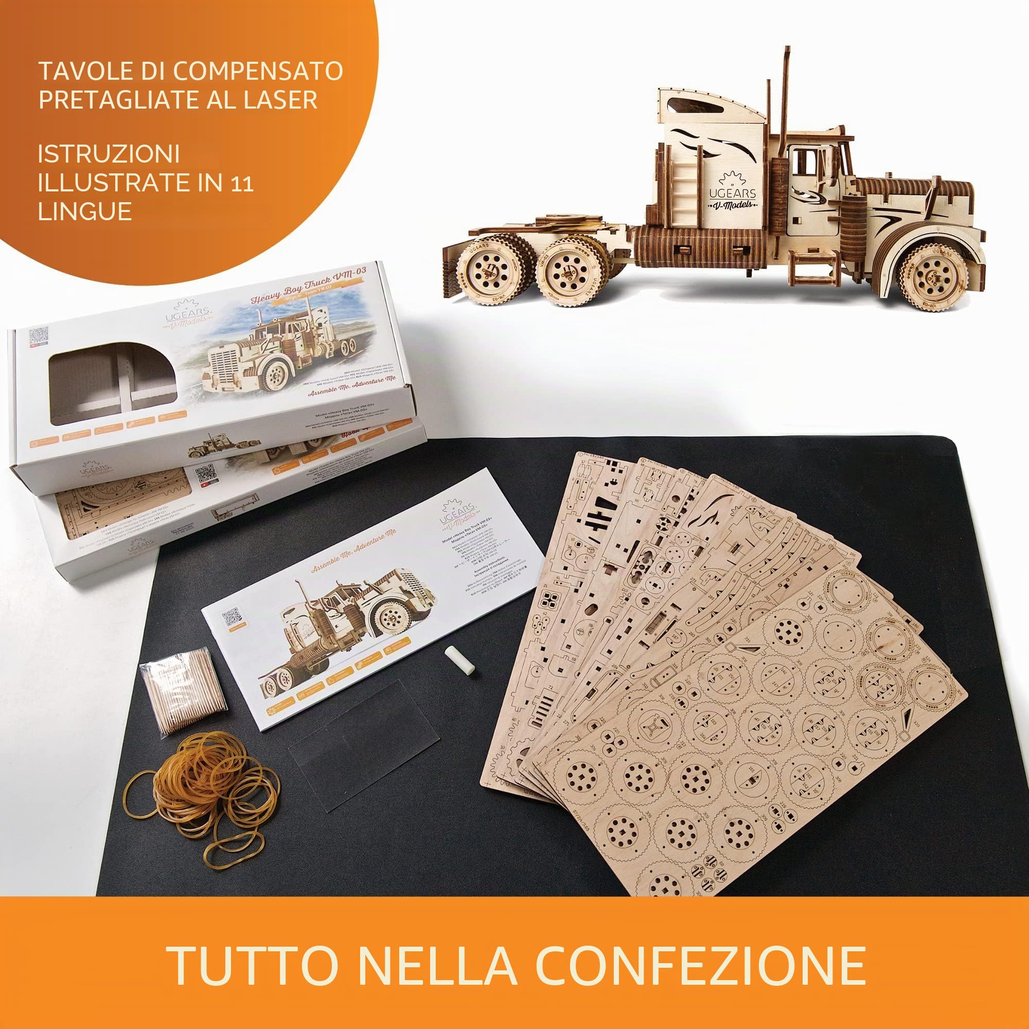 UGEARS 70056 camion pesante camion fai-da-te modello unica idea regalo VM-03 camion con cabina – ecologico compensato non adesivo necessario modello in legno,