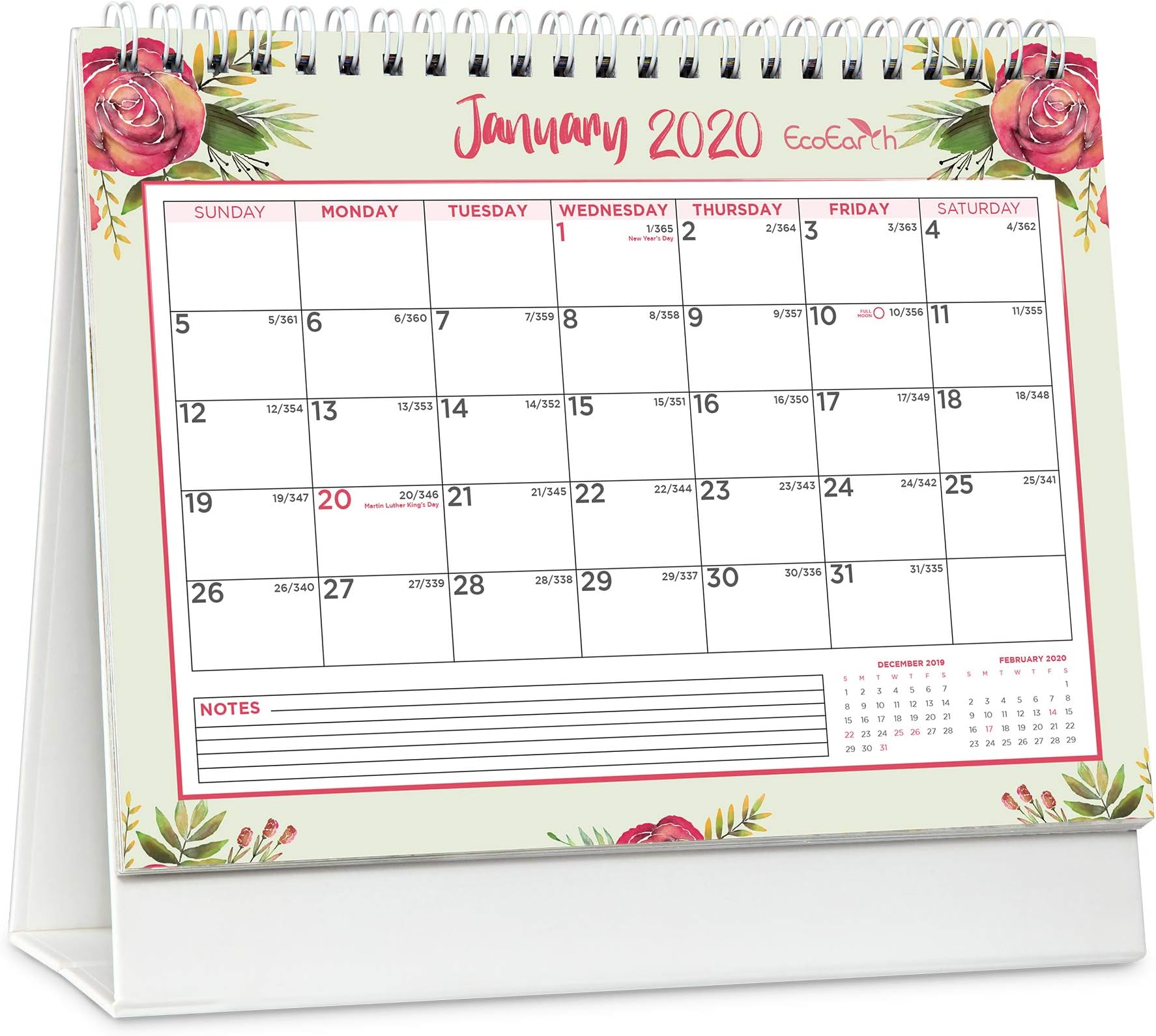 EcoEarth Biodegradable 8x6 Inch Standing Desk Calendar, 2020 Calendar Year Monthly Tent Style Flip Calendar, Blossoms Art Design