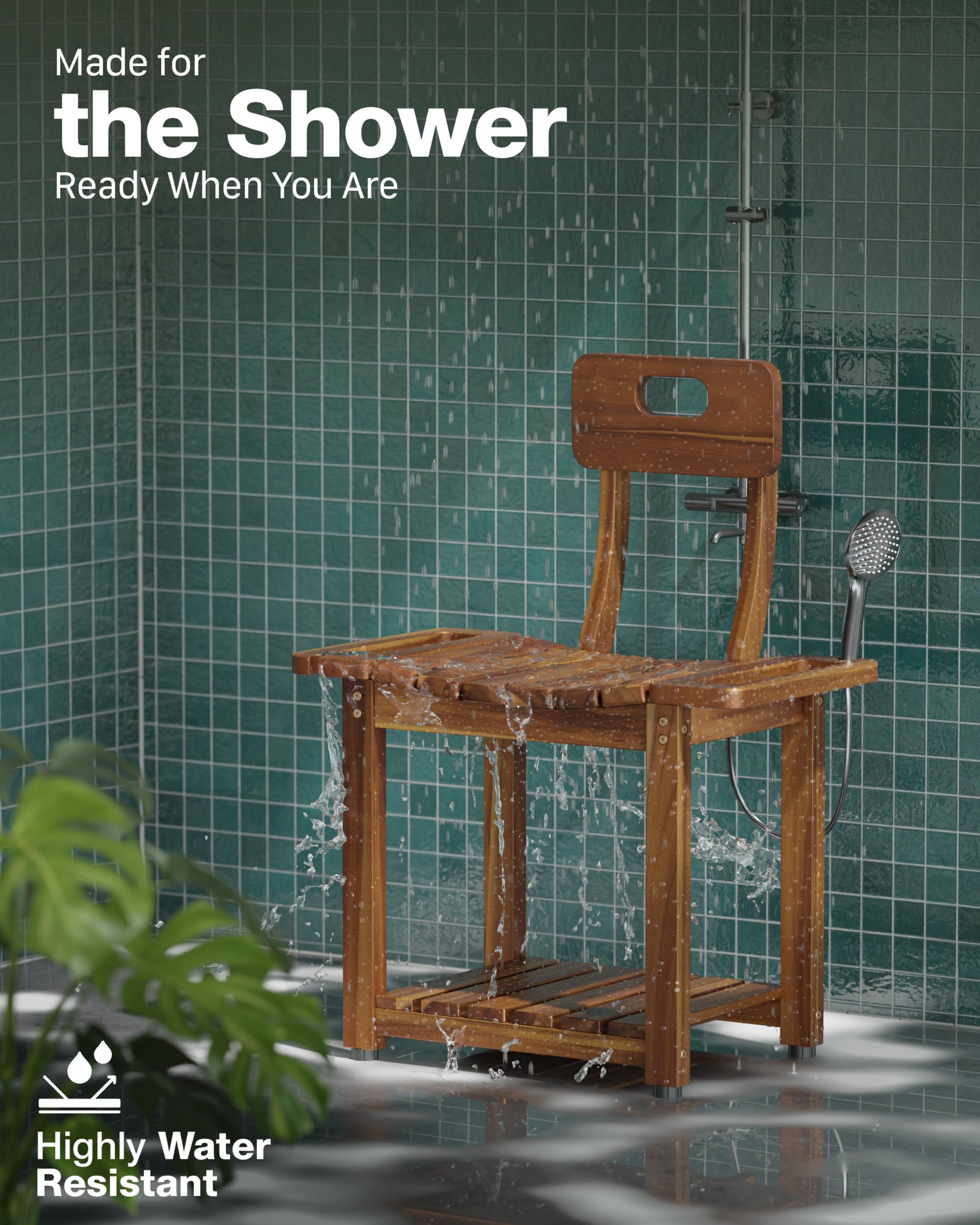 BLUEWEST Silla de ducha de 23.4 pulgadas con respaldo para ducha o bañera interior, soporta hasta 450 libras, diseño resistente con asas integradas, pies antideslizantes, estante inferior de
