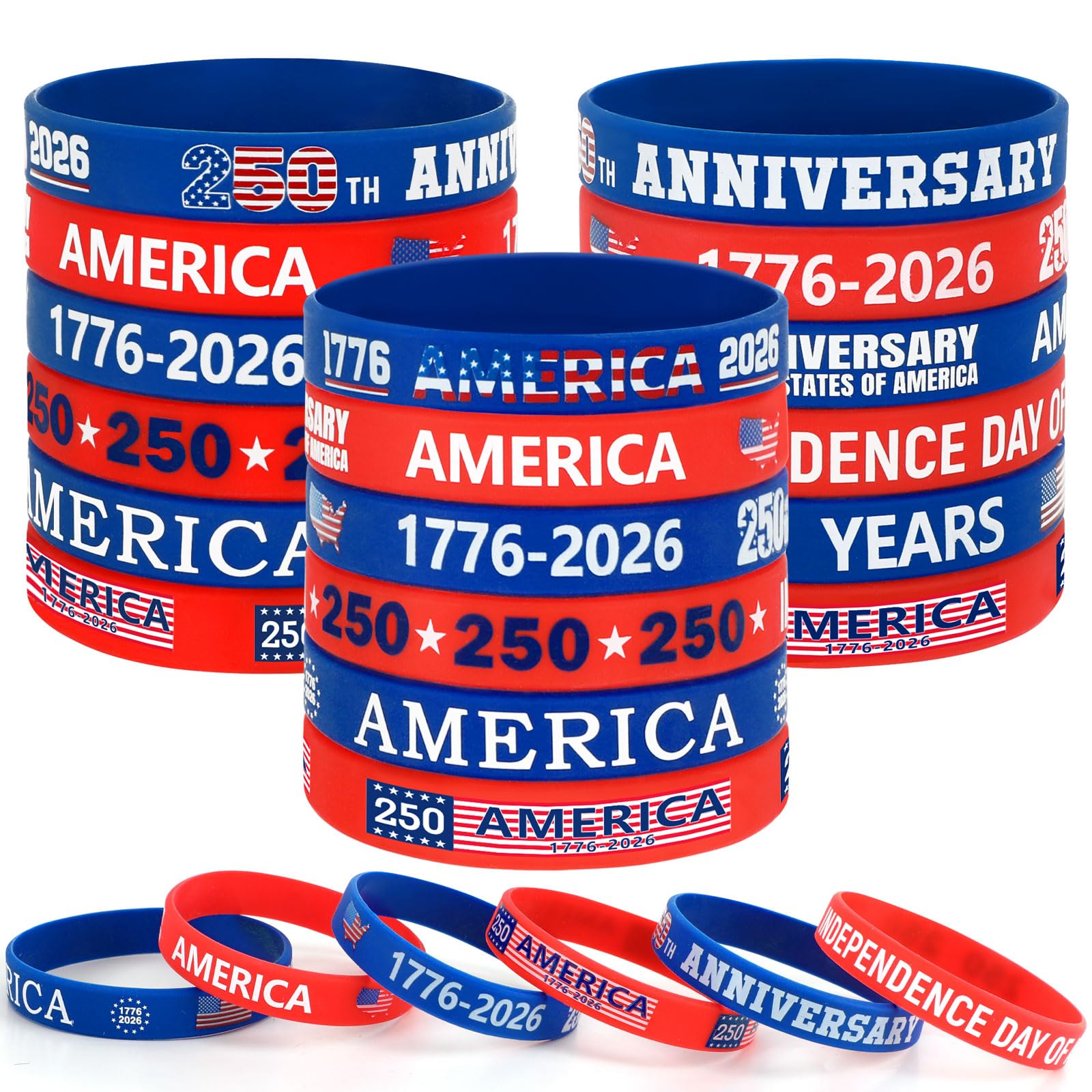 JUNEBRUSHS 42 Pcs 250th Anniversary Silicone Bracelets, Patriotic Wristbands Red White Blue Hand Band for USA 250 Year Celebration July 4th Decorations