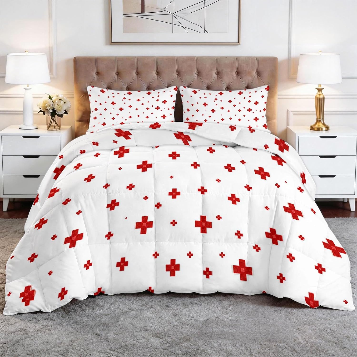 Cartoon Geometric Red White Stripes Queen Summer Comforter Set 90 x 90 in, Minimalist Lightweight Duvet - Skin-Friendly Breathable Quilt Printed Bedding for Boys Girls, Easy Care Soft All Season Quilt