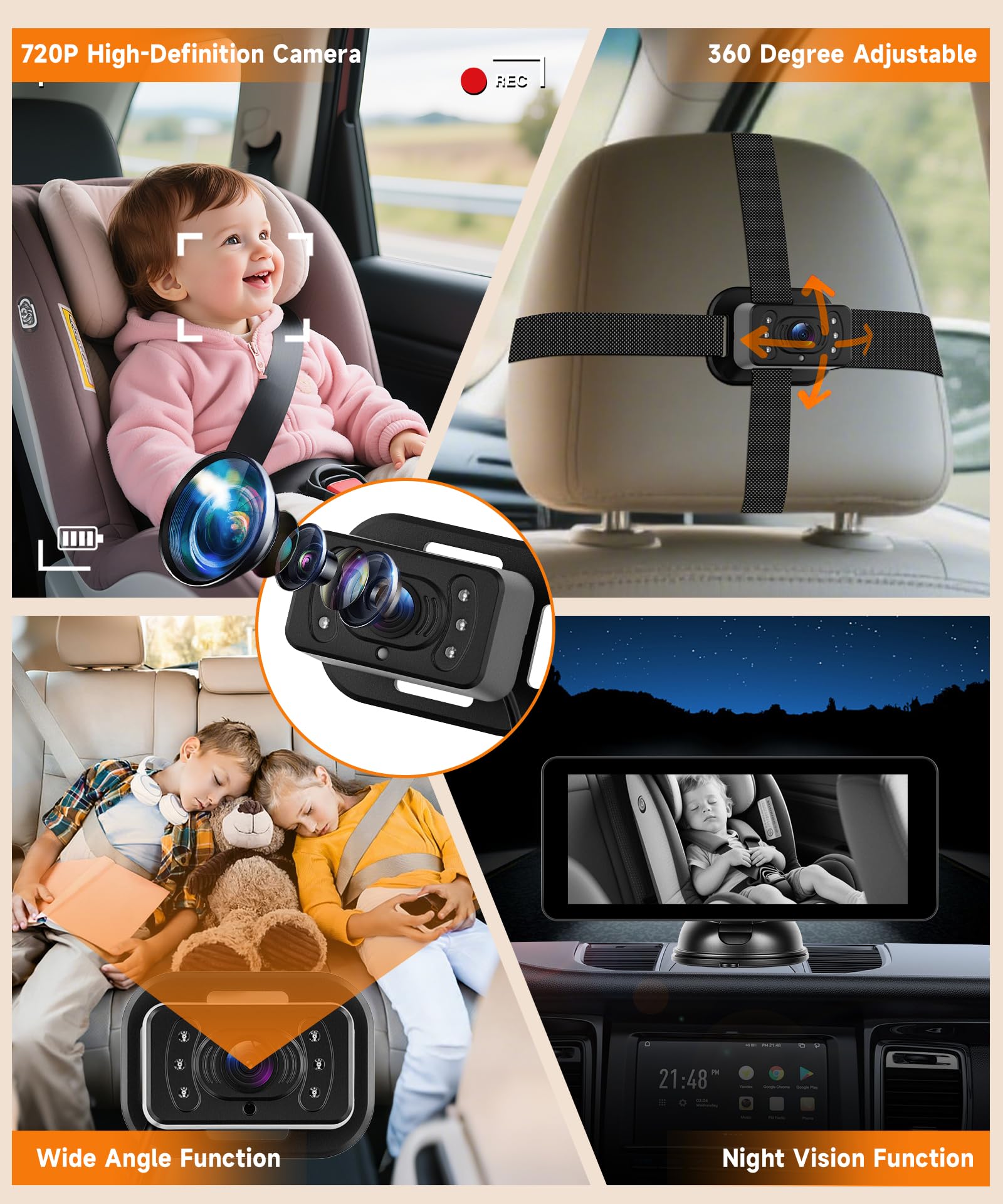 VECHTEL Moniteur Auto 6,86" IPS pour Bébé, Double Caméra 720P, Moniteur avec Caméra pour bébé Rotative 360°/Caméra de Recul IP69 Étanche, Vision Nocturne Grand Angle pour Voiture 12V Camping Car