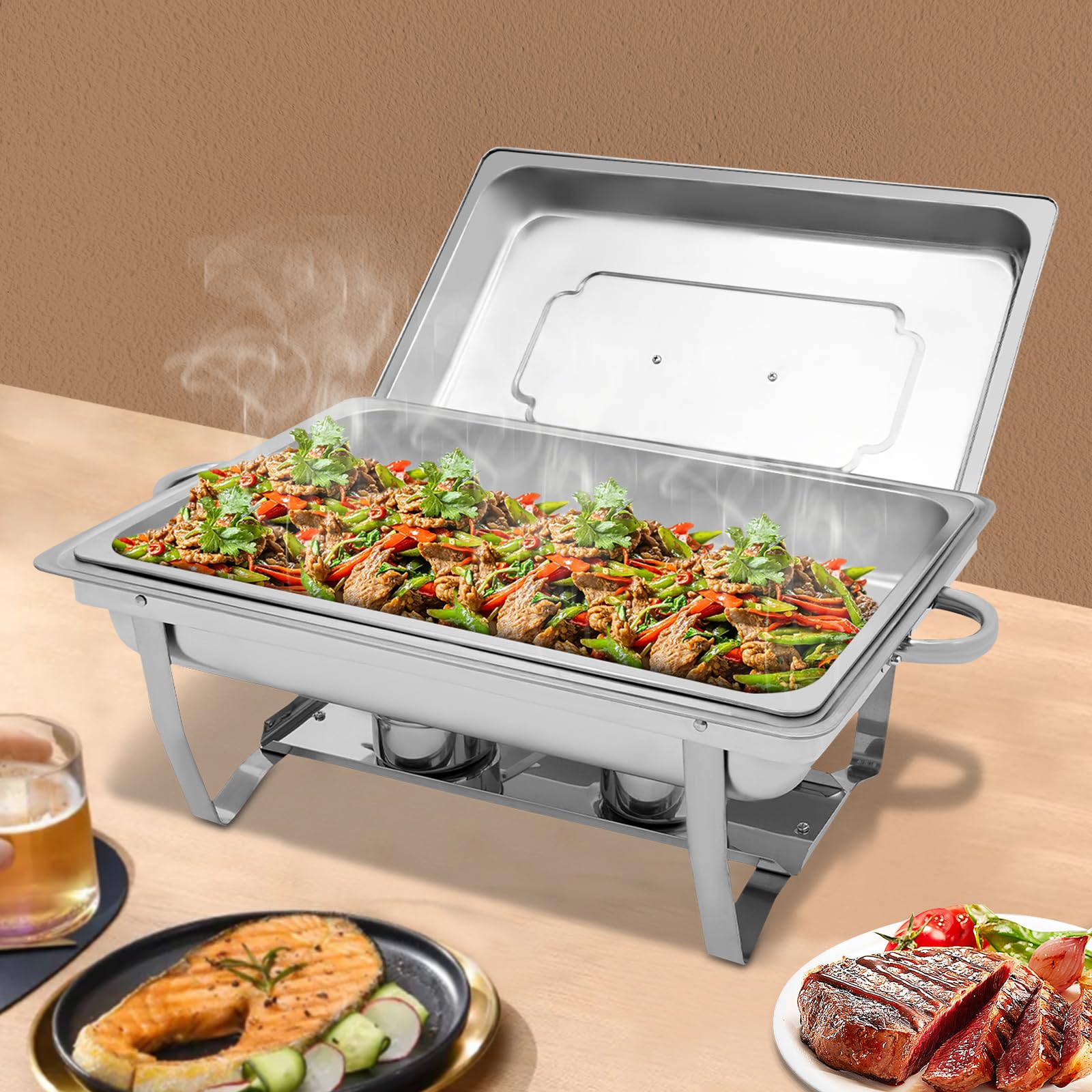 Chafing Dish 9L Credenza Riscaldata con Coperchio Riscaldatore Piatto in Acciaio Inossidabile Rettangolare per Famiglia, Feste, Hotel, Caffetterie