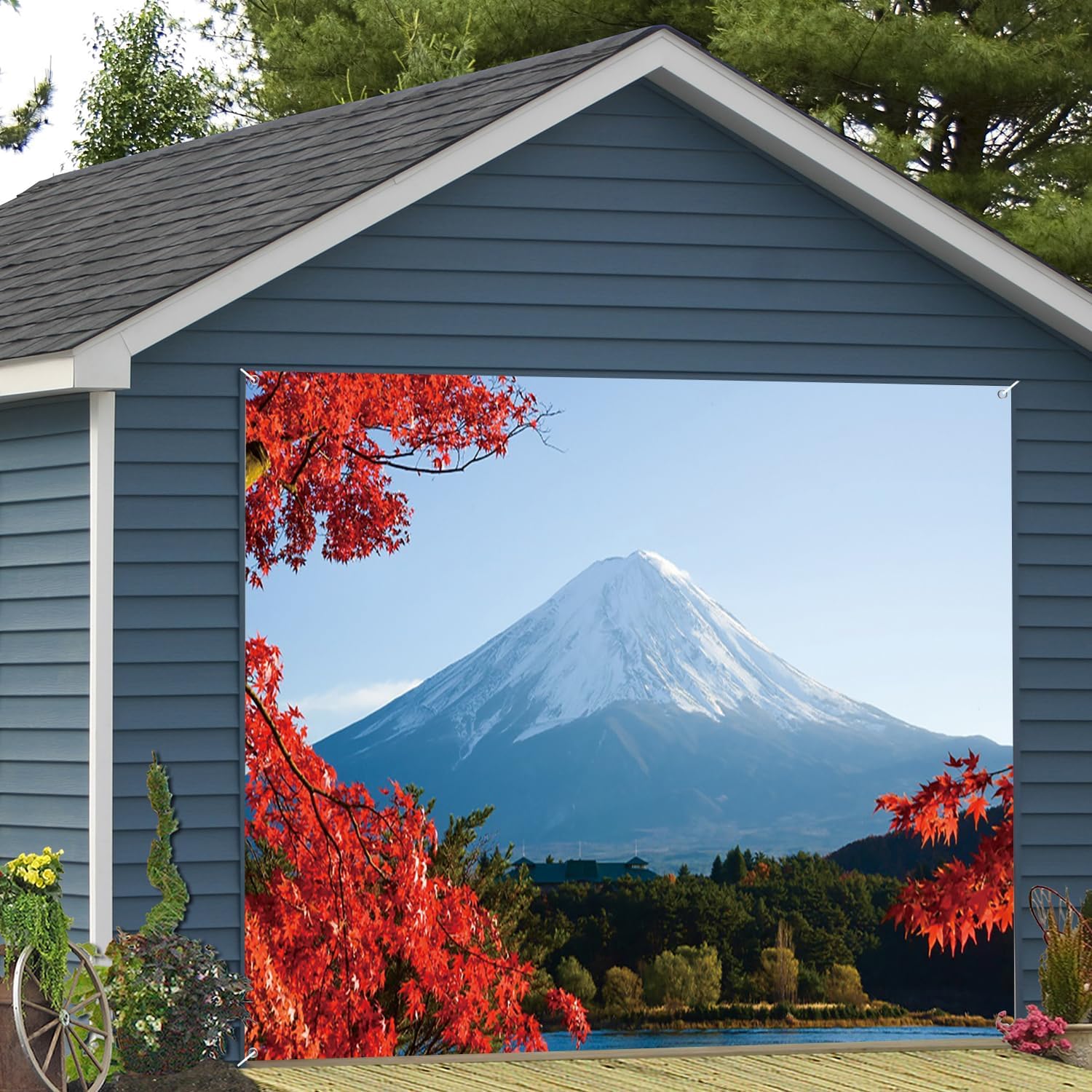 7x8ft Japan Mount Fuji Lake Garage Door Decor Snow Mountain Scene Red Maple Leaves Calm Blue Lake Forest Natural Landscape Garage Door Cover for Travel Themed Backdrop Decor
