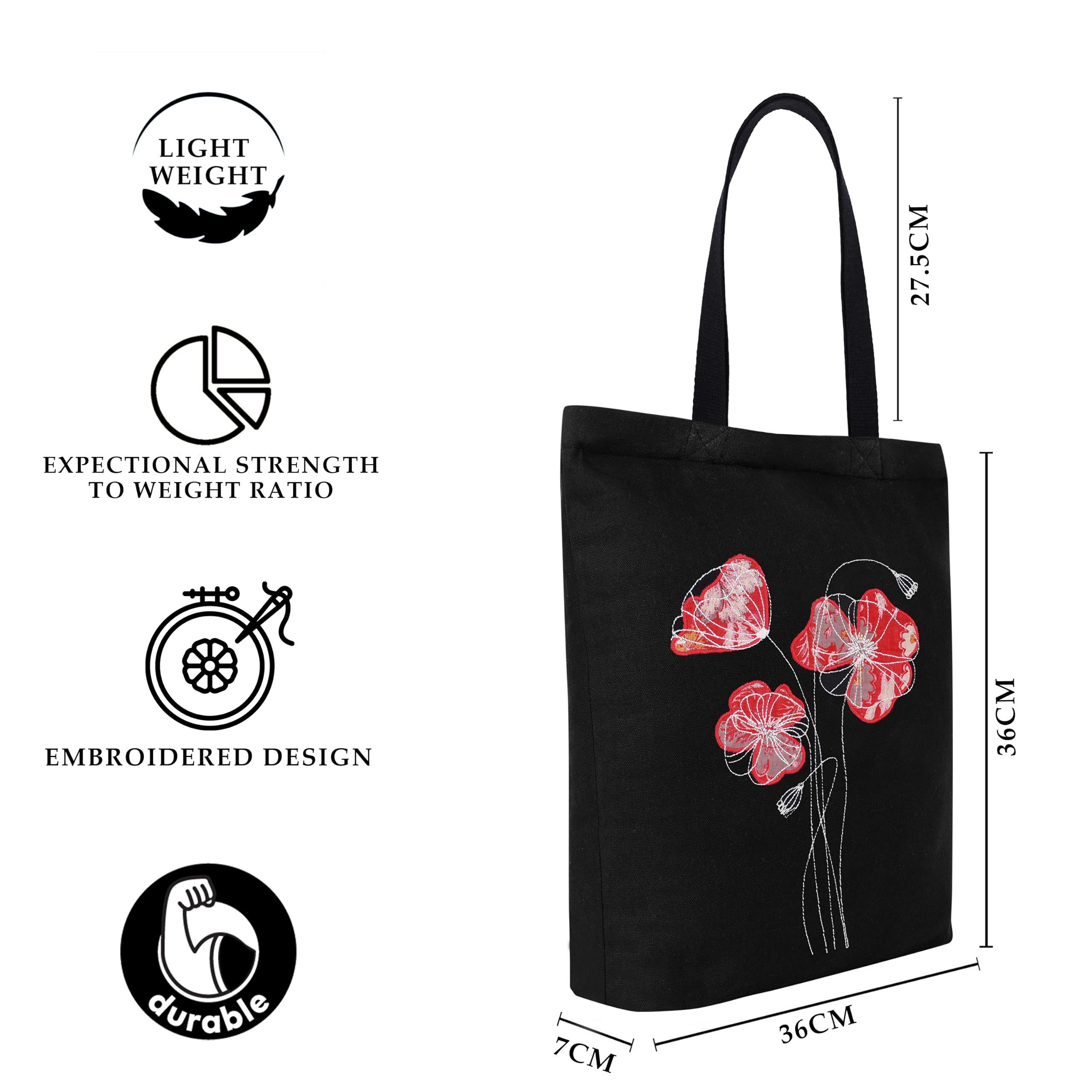 MASQ By Q-One Embroidered Poppy Flower Canvas Large Utility Tote Bags For Women With Zip, College Bag For Girls, 100% Organic Cotton Tote Bag For Traveling & Daily Use Gifts For Women And Girl 2