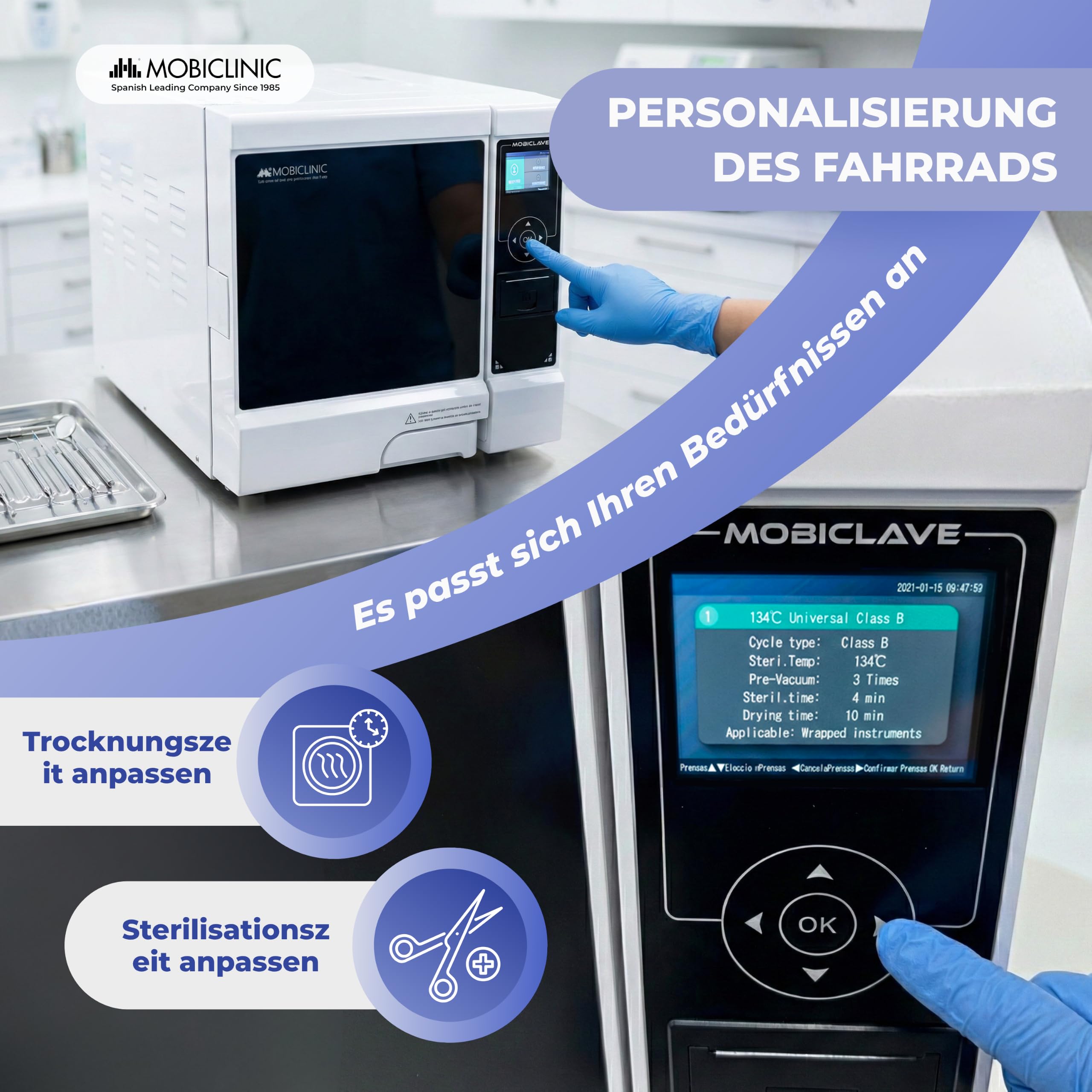 Mobiclinic®, Professioneller Autoklav, 12L-Dampfautoklav-Sterilisator, 99% Desinfektionsmittel mit 360°-Abdeckung, LCD-Bildschirm, anpassbare Programme, Drucker, USB, Kliniken und Labore, MobiClave