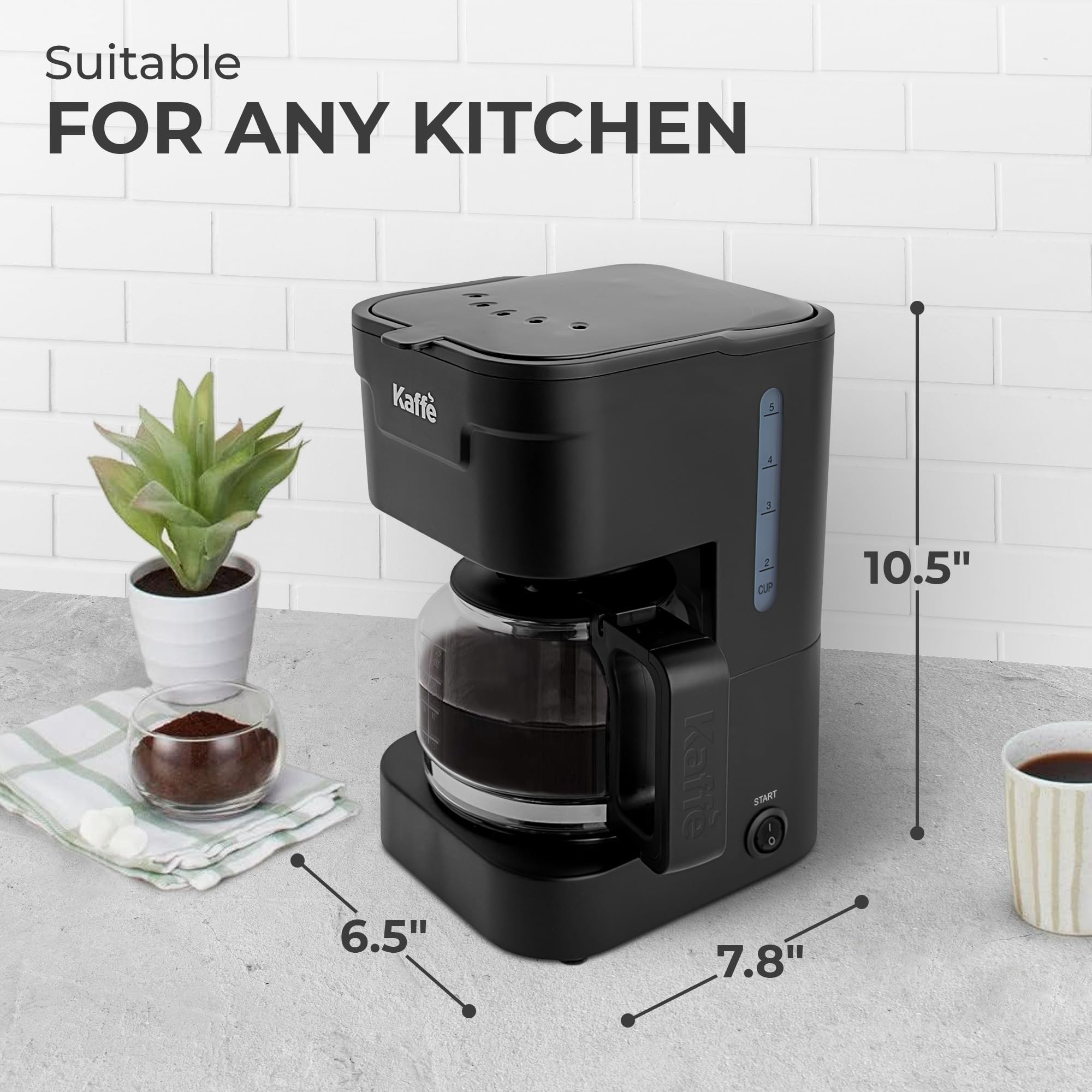 Kaffè Cafetera (750 ml) – Función de mantener caliente, lavable y filtro de cesta extraíble – Compatible con filtros tamaño 2 para verter sobre café – Tanque de agua de fácil visión – Negro mate