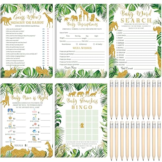 145 Pcs Baby Shower Games for Boy or Girl 5 Game Activities Cards with 20 Pencils Includes Baby Bingo, Description and Well Wishes, Guess Who, Baby Price is Right, Word Scramble Game (Jungle Animals)