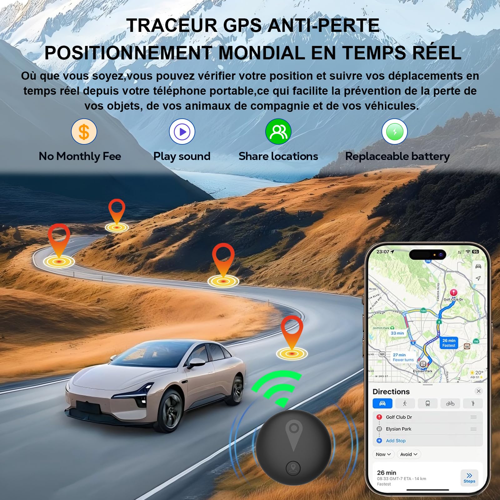 Traceur GPS Voiture,Magnétique Smart Tag Tracker,Traceur caché localisateur,Traceur sans Abonnement,Étanche IP67,Compatible avec iOS et Android,pour Véhicules/clés/Moto/Bagage/Enfant/Wallet