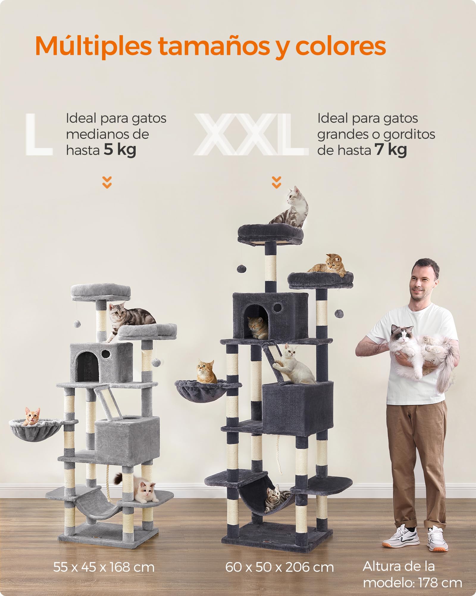 Feandrea Árbol para Gatos Grandes, Torre de Gatos de 206 cm con 13 Postes, 2 Plataformas, 2 Cuevas, Cesta, Hamaca, Rascador Multinivel, Gris Claro