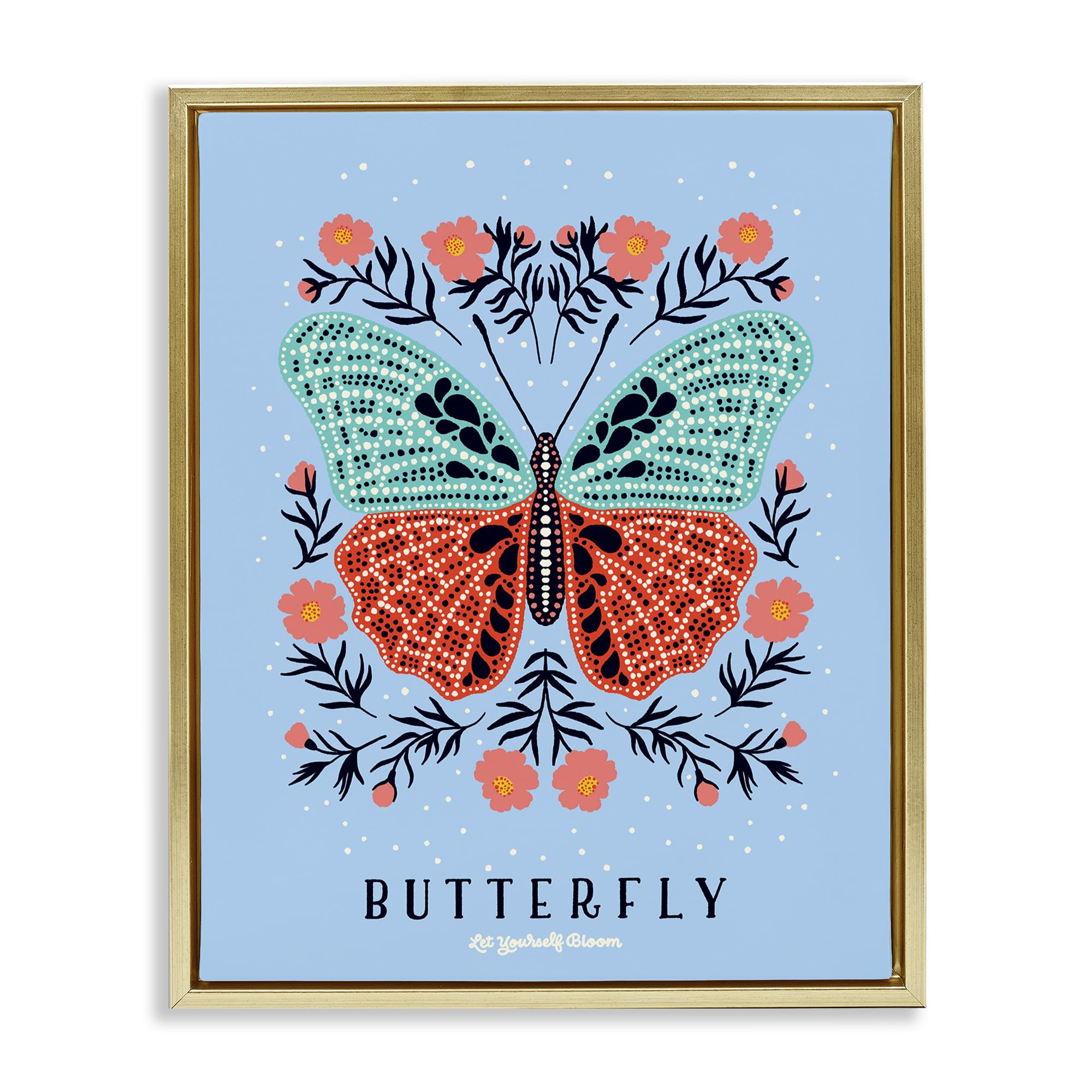 Stupell Industries Metallic Gold (Matte) 'Butterfly Symmetry On Blue'| Floating Frame Canvas Art