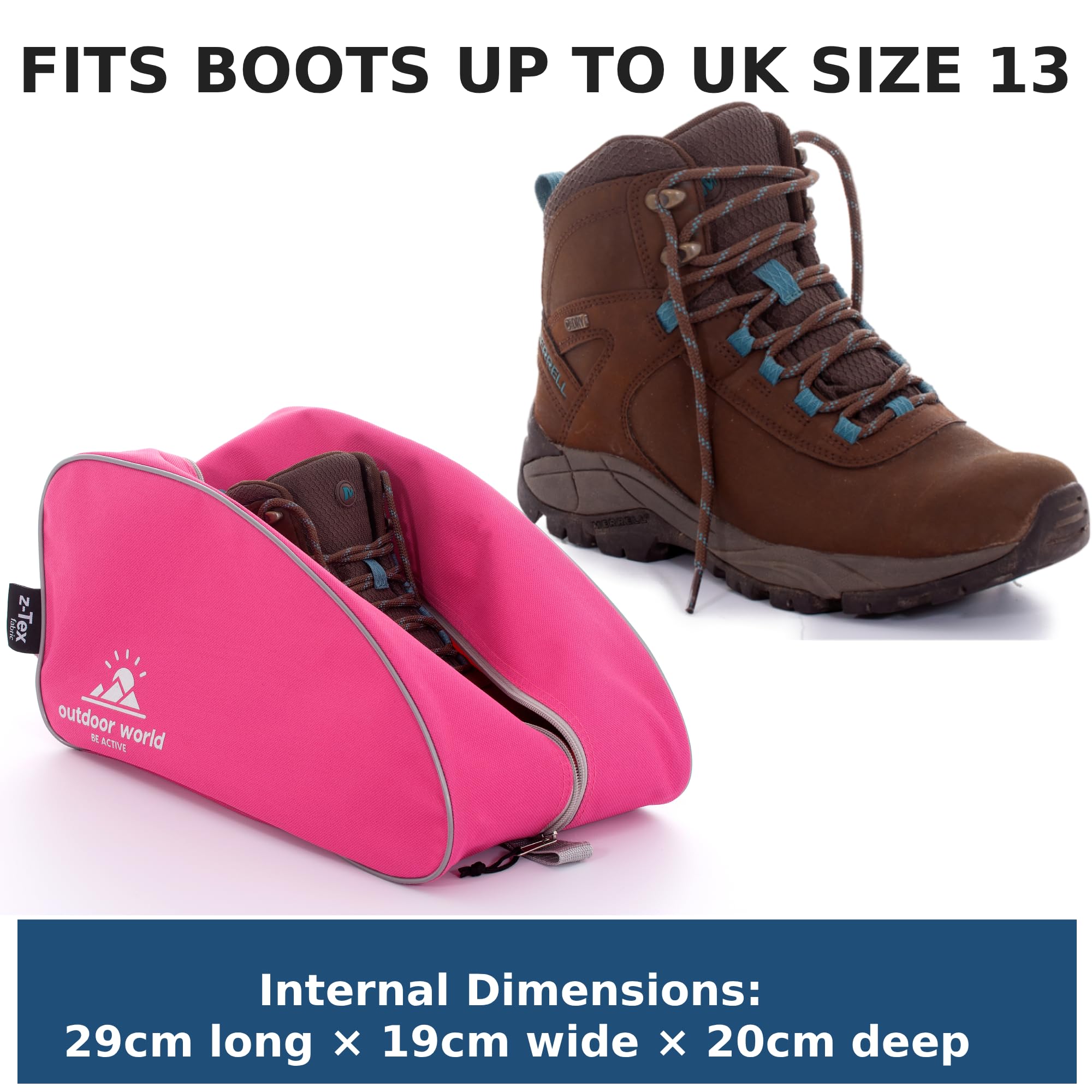 Outdoor World Borsa per Scarponi Premium - Ampia Apertura con Zip Resistente all'Acqua Unisex - Borsa per Scarpe da Trekking,Camminata, Calcio, Rugby, Golf Scarpe da Ginnastica - Uomo, Donna (Rosa)