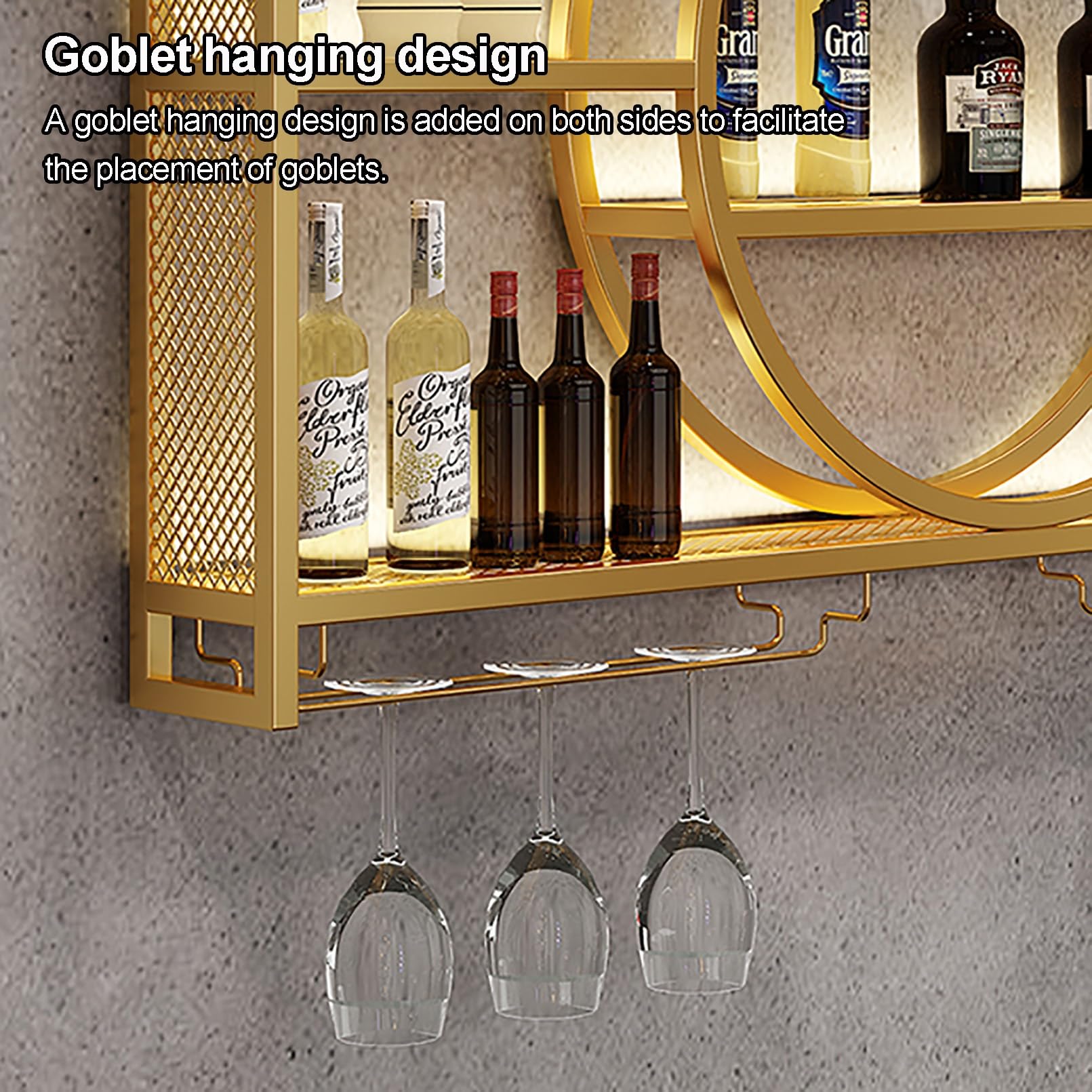 Estante de vino montado en la pared con luz , unidad de barra flotante estante de exhibición de botellas de licor, estante de almacenamiento multifuncional con soporte para copas de (100x15x80cm)