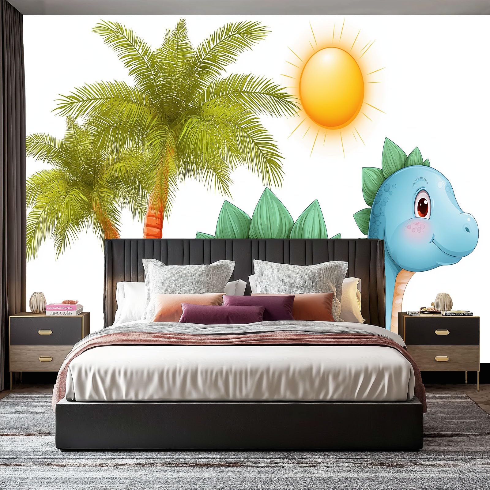 Panoramiczna tapeta Kreskówkowy dinozaur, biała włóknina ścienna tropikalne rośliny 350 x 256 cm dekoracja ścienna plakat obrazy ścienne - obraz 3D gobelin do salonu pokój dziecięcy