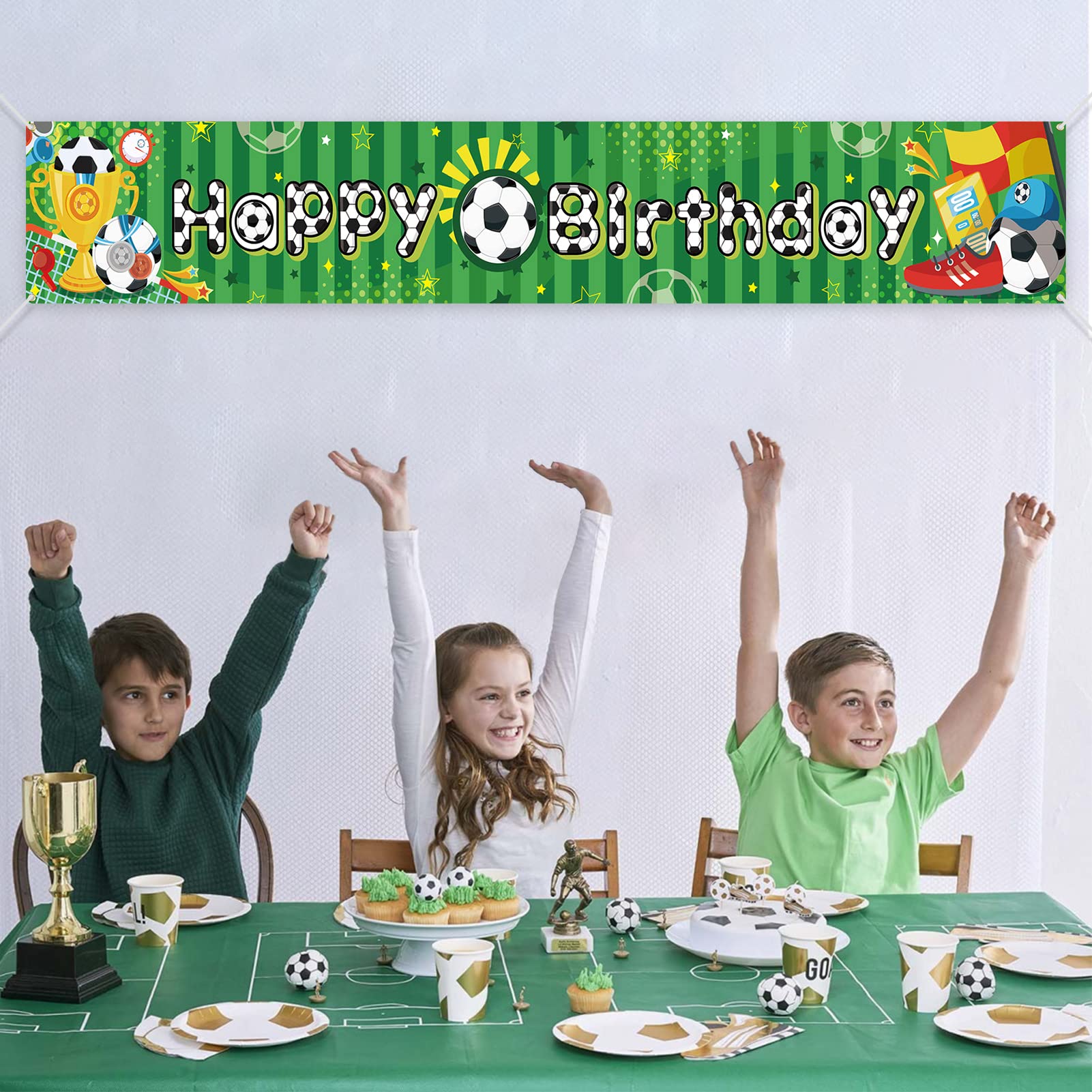 DPKOW Striscione di Compleanno per Bambini Decorazione Festa di Compleanno Calcio, Tessuto Lungo Compleanno Festa Striscioni Calcio Photo Booth Props per di Parete Giardino Decorazione, 8.5*1.3 Piedi