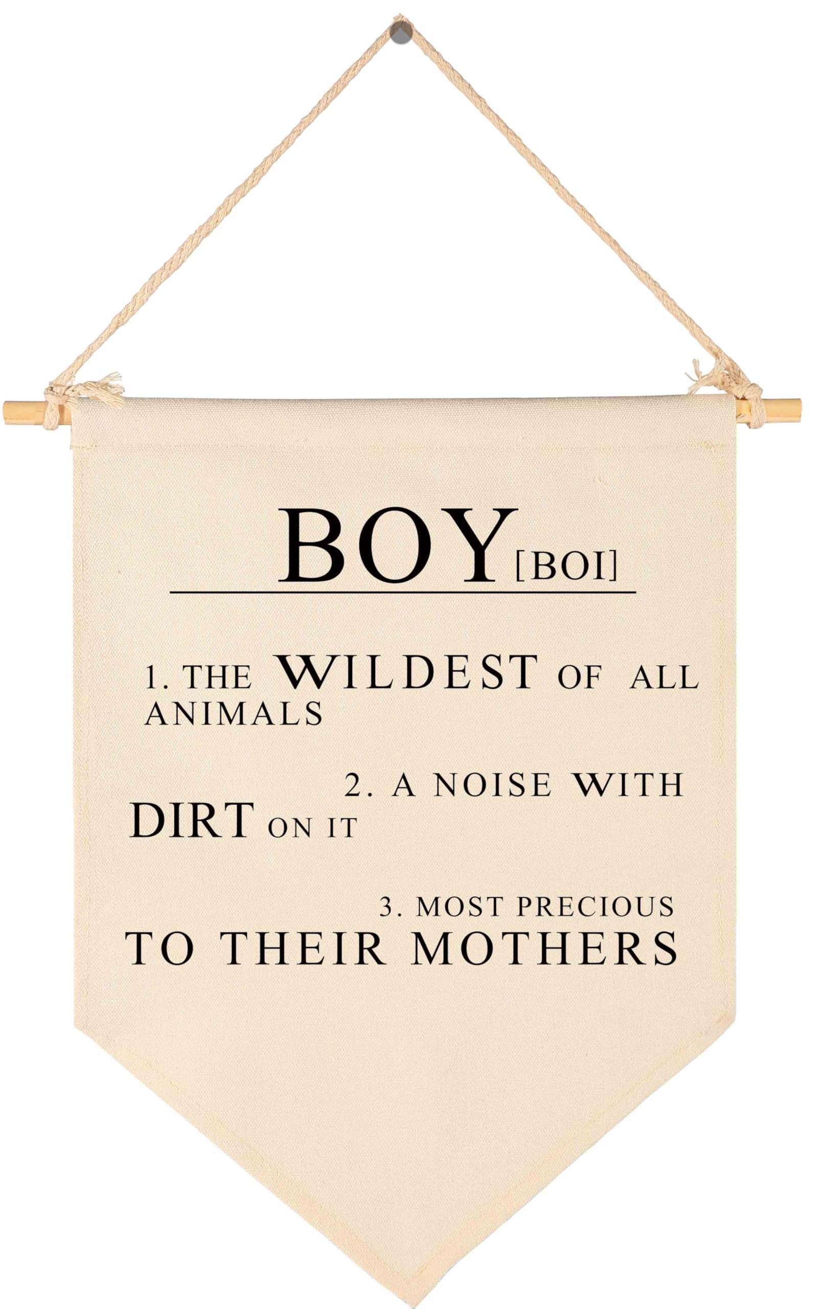 Boy the Wildest of All Animals,A Noise With Dirt On It -Canvas Hanging Flag Banner Wall Sign Decor Gift for Baby Kids Nursery Teen Room Front Door - Boy's Pronunciation and Definition Meaning