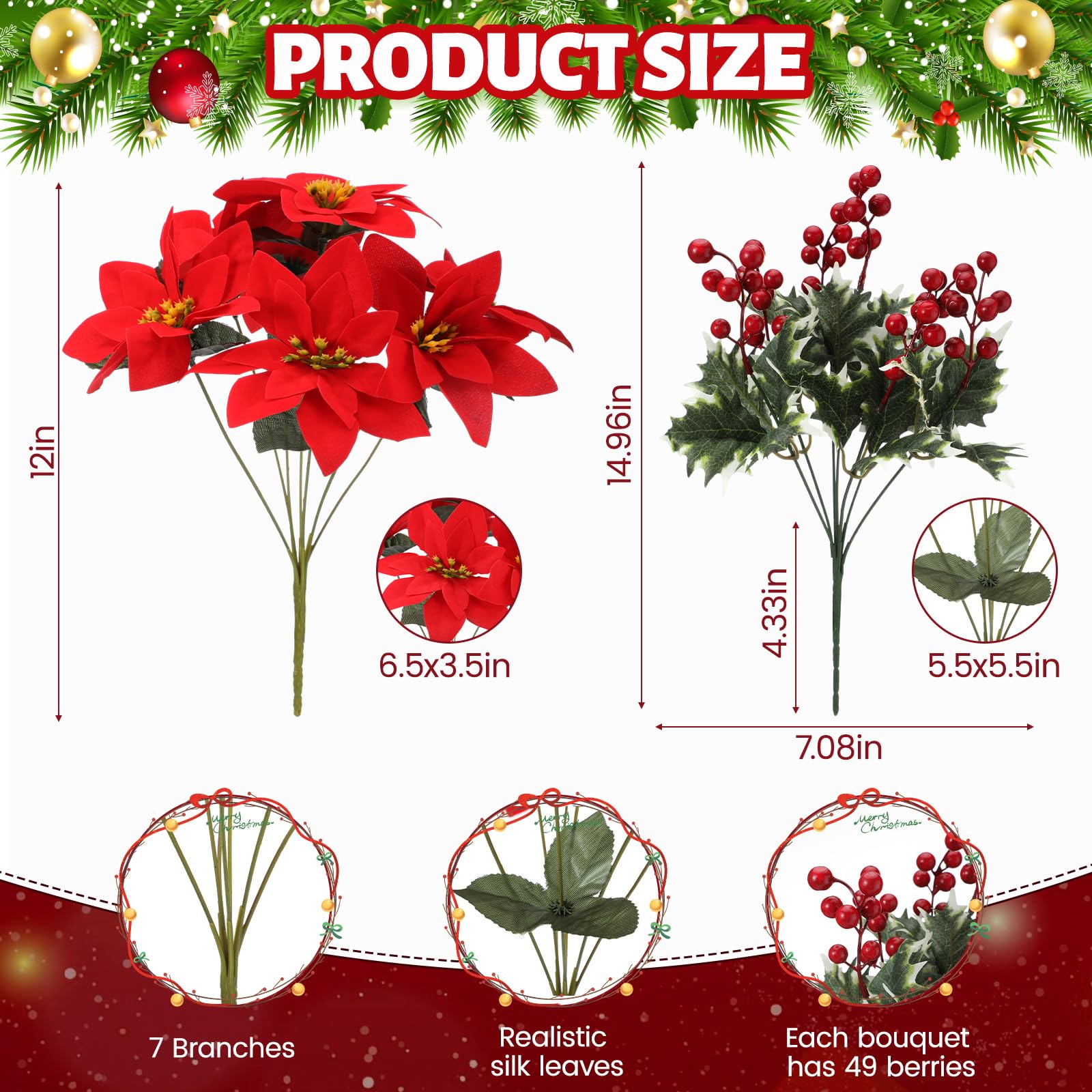 Thiccywoov Lot de 4 poinsettias artificiels de Noël avec vase pour tombe en velours rouge, bouquet de baies de cimetière, fleurs commémoratives pour décoration de cimetière