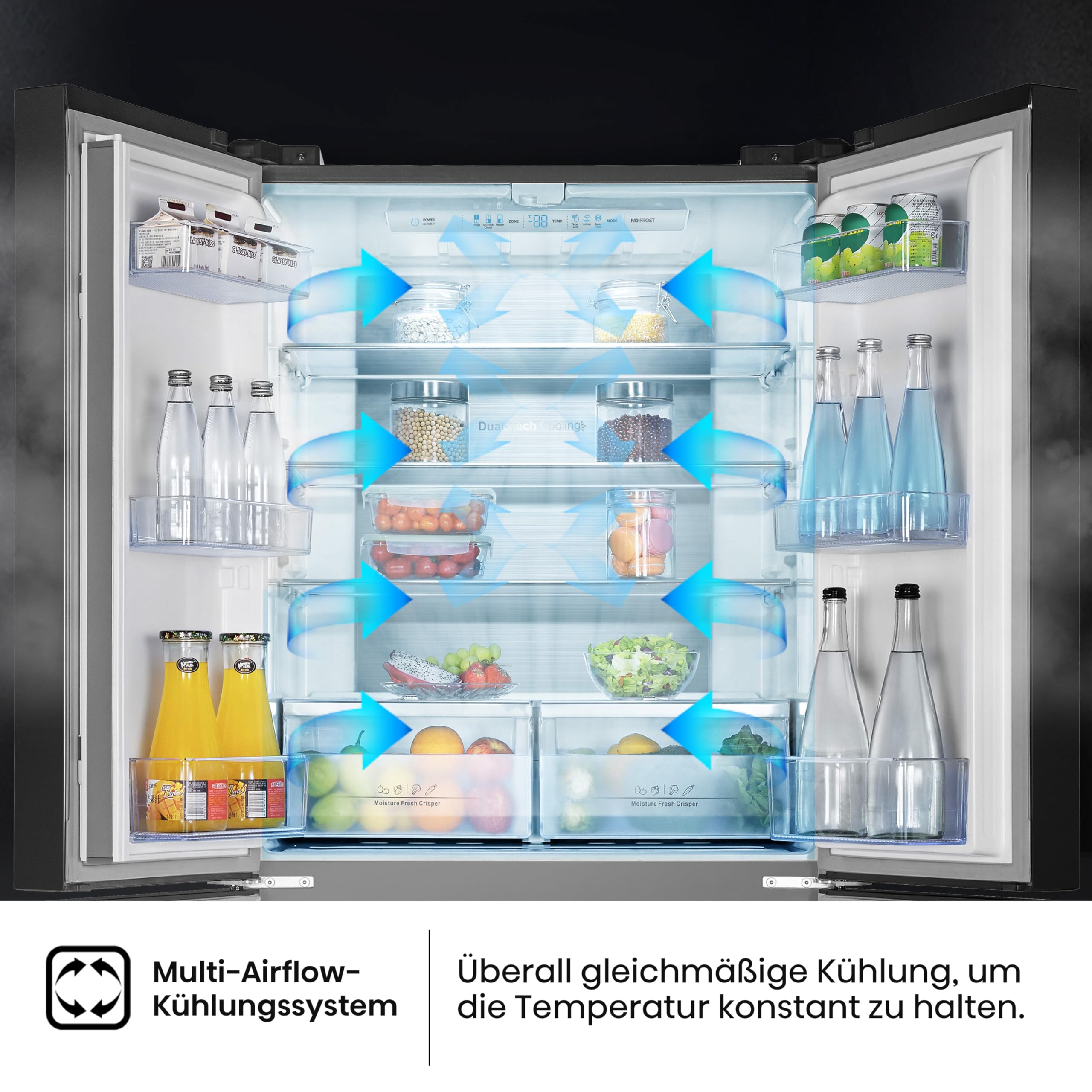 Hisense RQ563N4SF2 Cross Door Kühl-Gefrierkombination/ NoFrostPlus/ Inverter-Kompressor/ HolidayMode/ SuperCool/ 181 cm/ Kühlteil 294 l/ Gefrierteil 160 l/ 40 dB/ 279 kWh/ Jahr/ Schwarz
