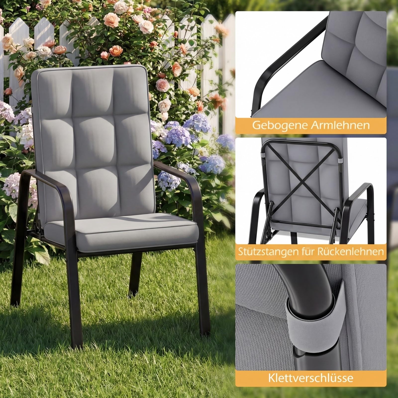 COSTWAY Gartenstühle 2er Set, Gartensessel mit Kissen und Verstellbarer Rückenlehne, Balkonstühle, Terrassenstühle bis 180 kg belastbar, für Garten, Balkon, Terrasse (Grau)