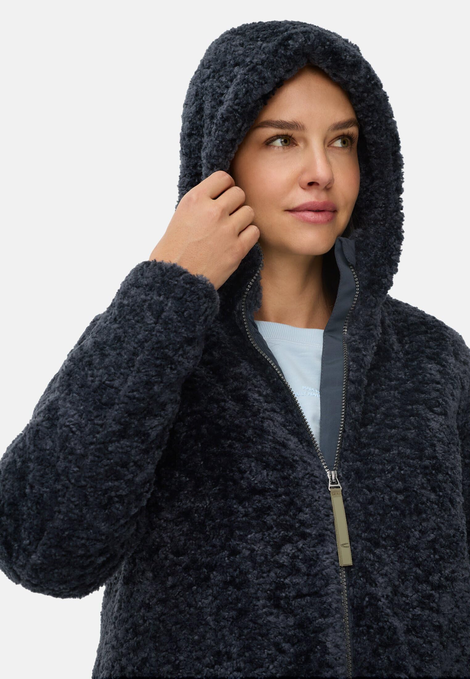 camel active Damen Teddyfell Mantel lang mit Frontzipper & Kapuze