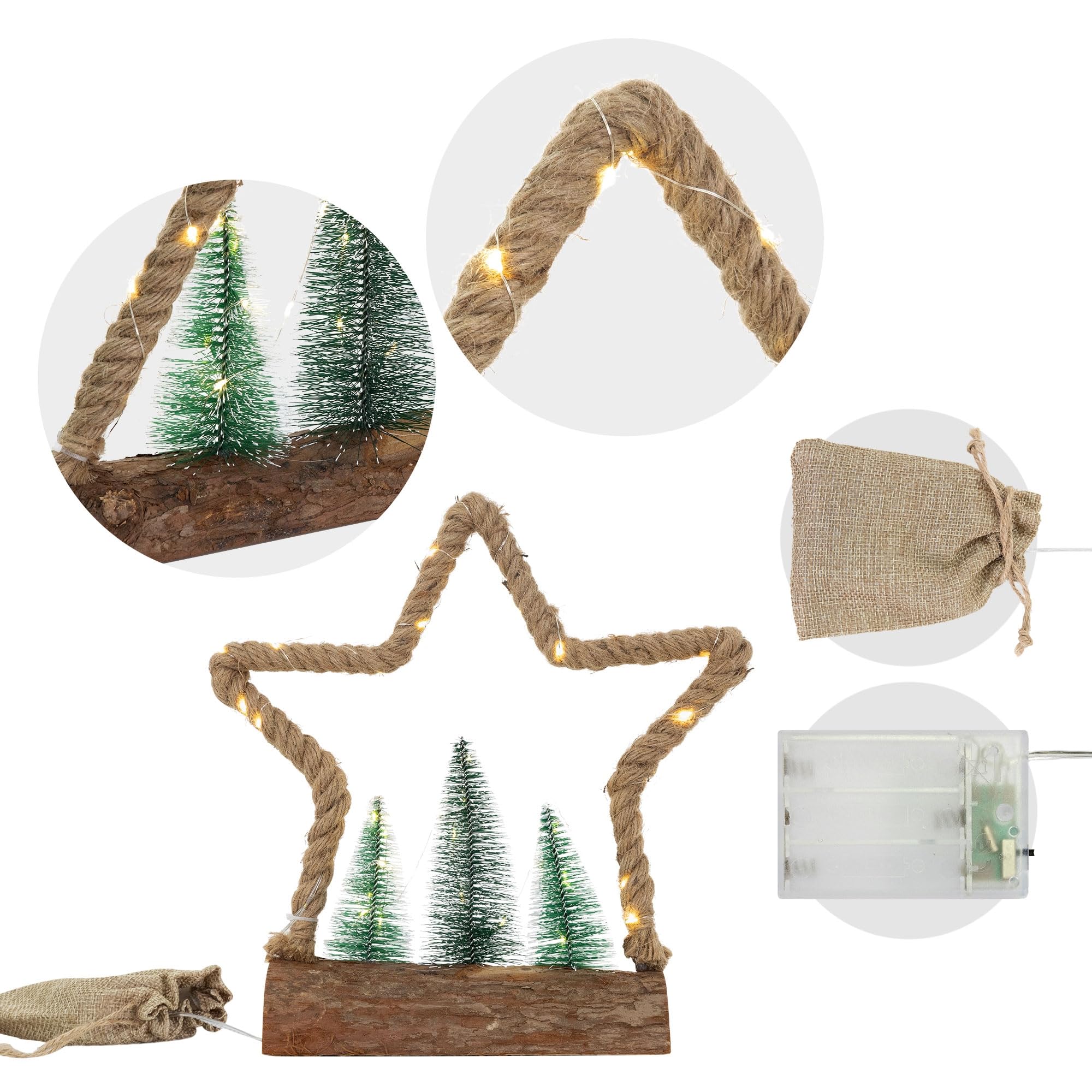 ECD Germany Estrella de Navidad Colgante con 30 Leds IP44 Iluminación Blanco Cálido 33x9,5x30 cm con 3 Abetos Bolsa de Yute Decoración Navideña con Temporizador Copo de Nieve de Adorno Festivo