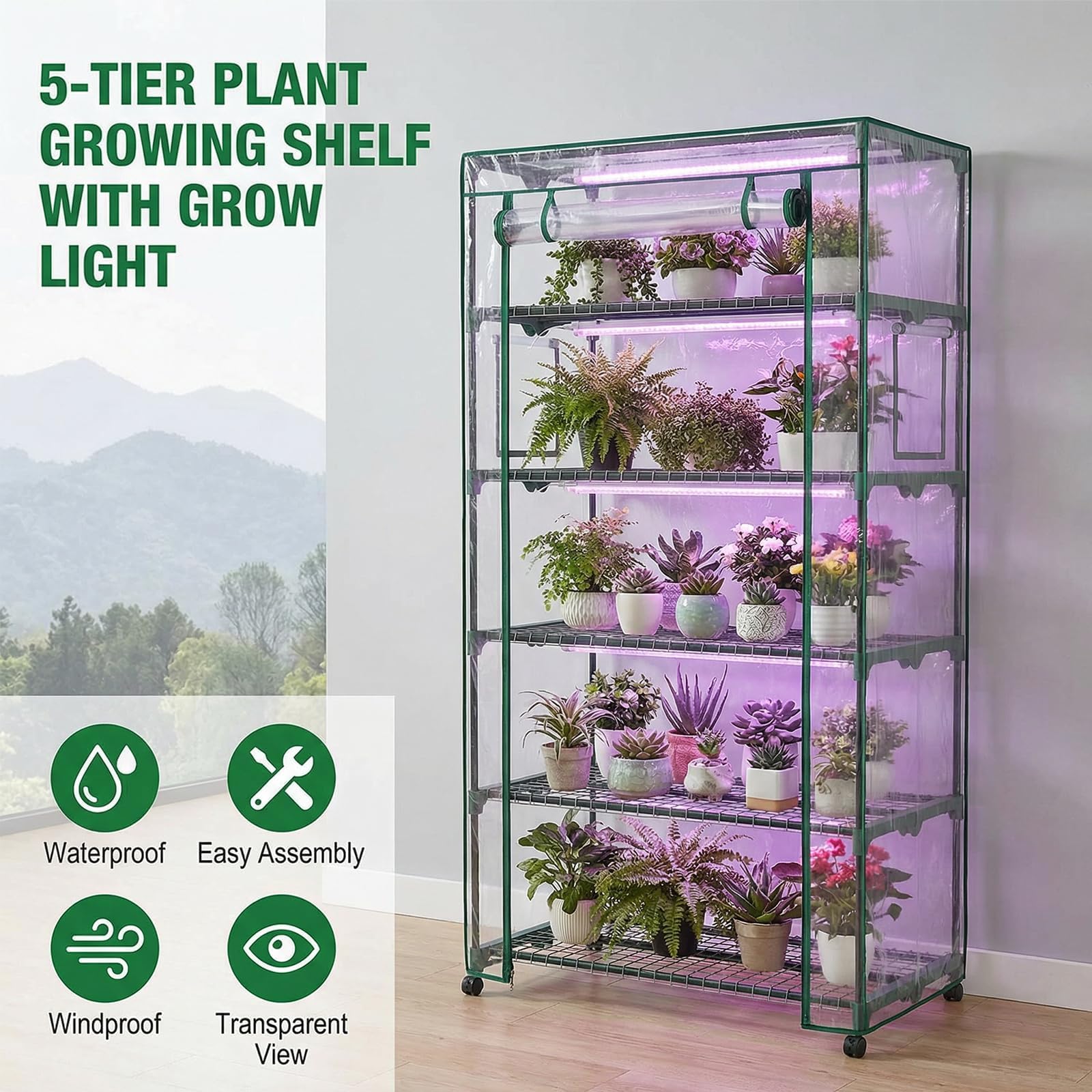Invernadero interior con luces de cultivo y ruedas, estante de alambre de 5
