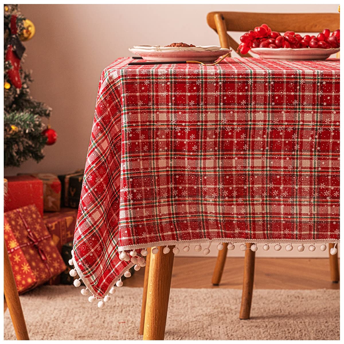 Nappe de Noël rectangulaire 140x240cm pour repas de fêtes et décoration de table vintage